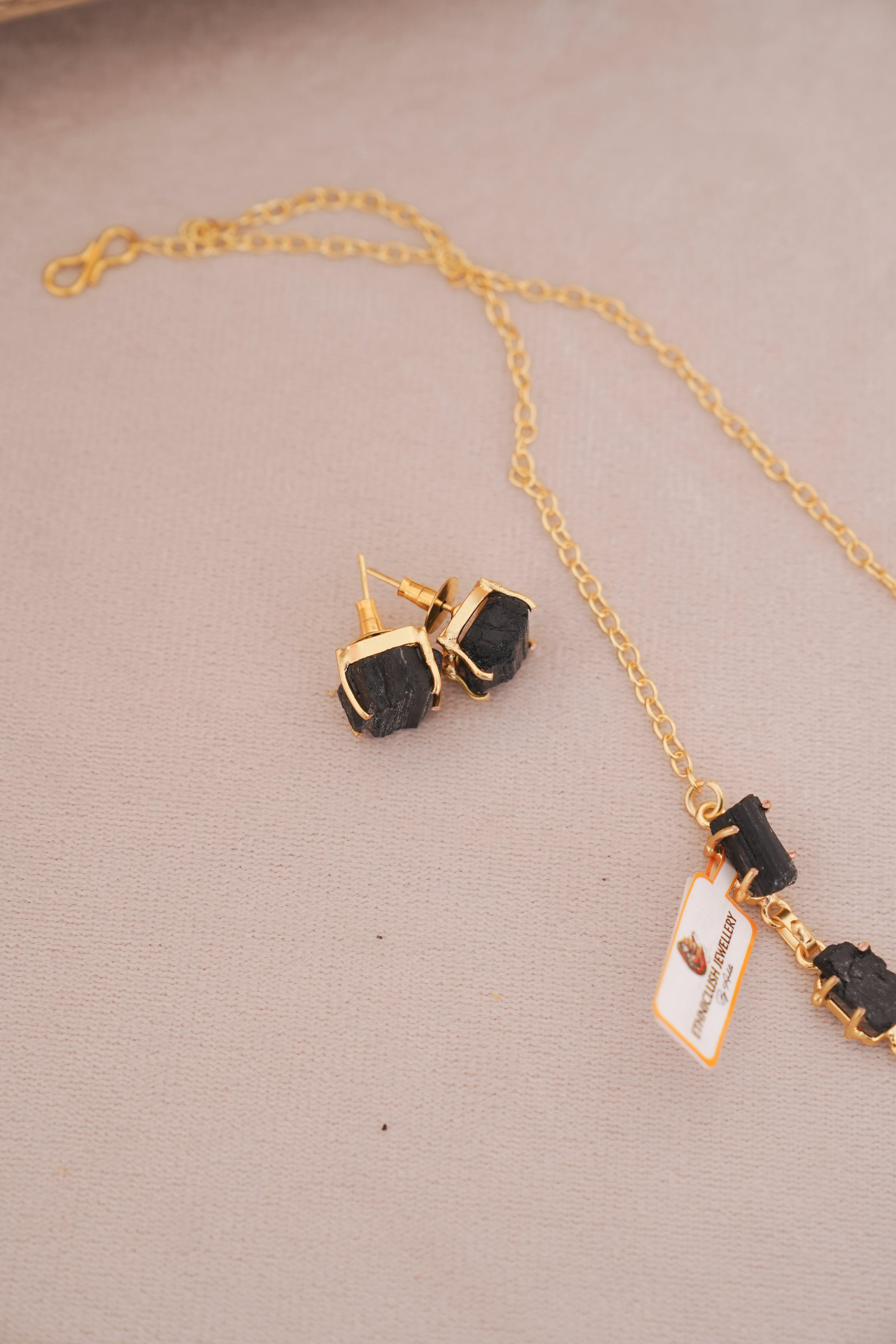 Raw Black Tourmaline Crystal Necklace Set