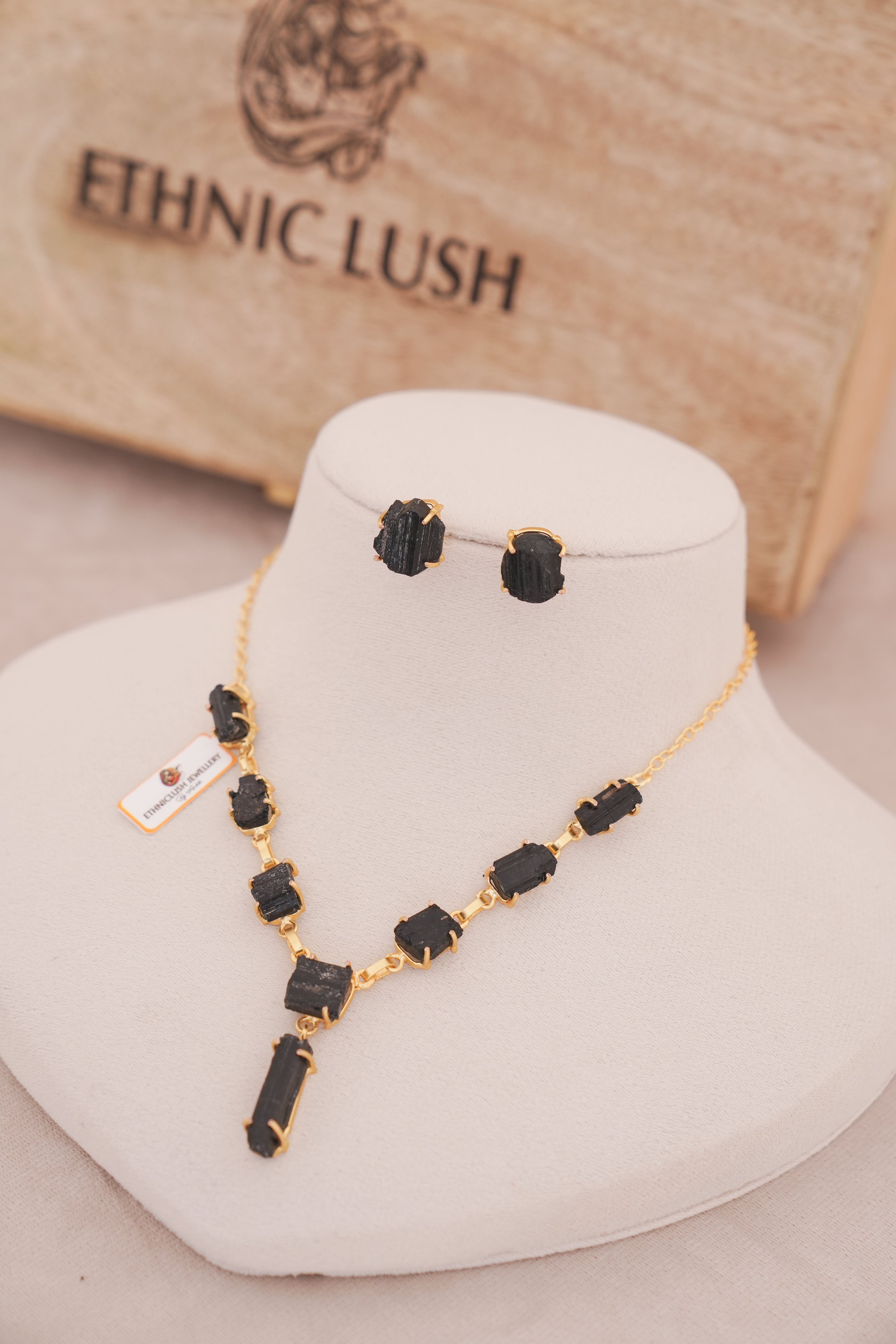 Raw Black Tourmaline Crystal Necklace Set