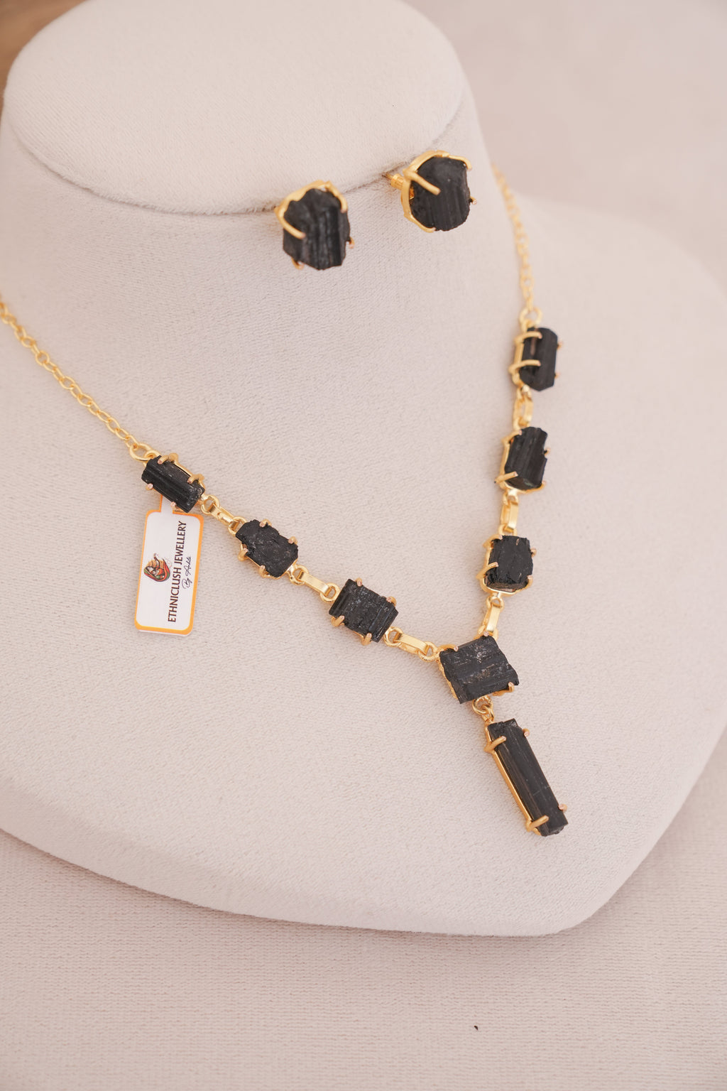 Raw Black Tourmaline Crystal Necklace Set