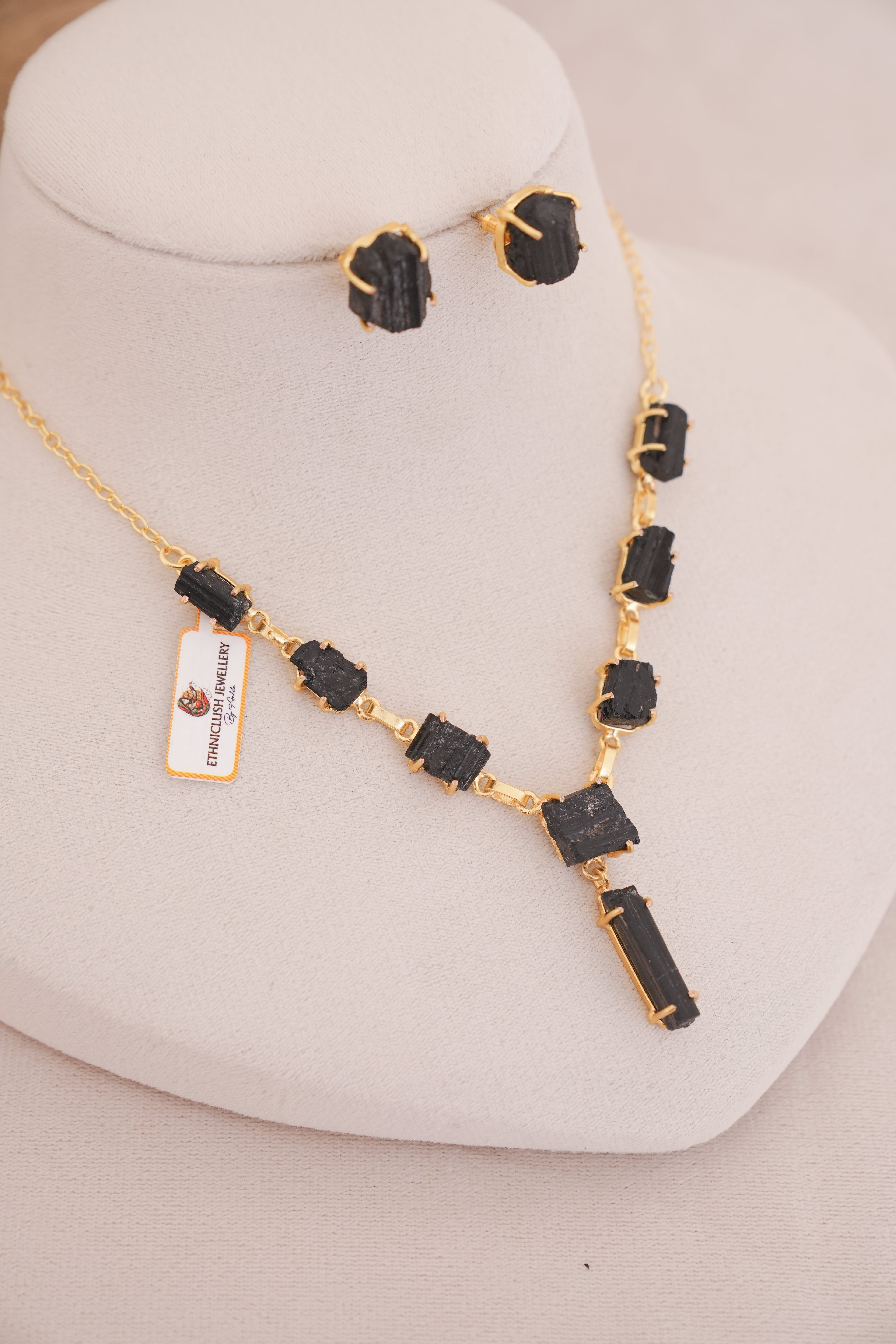 Raw Black Tourmaline Crystal Necklace Set