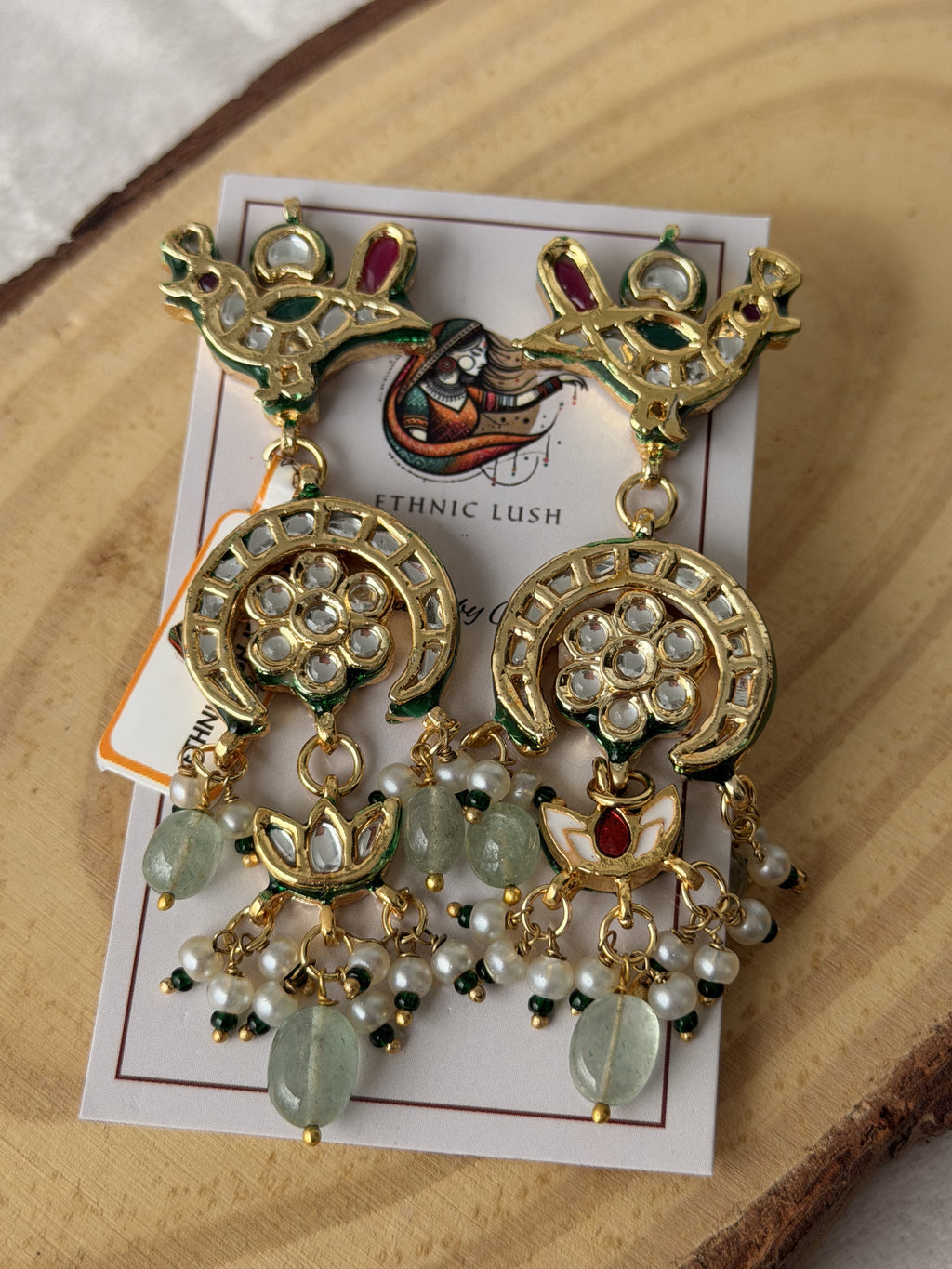 Peacock Motif Pearl  Pachi Kundan Dangle Earrings
