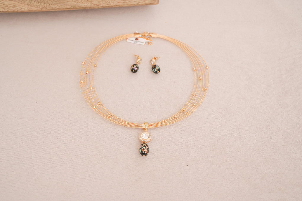Black floral Enamel Polki Multi Strand Hasli Set