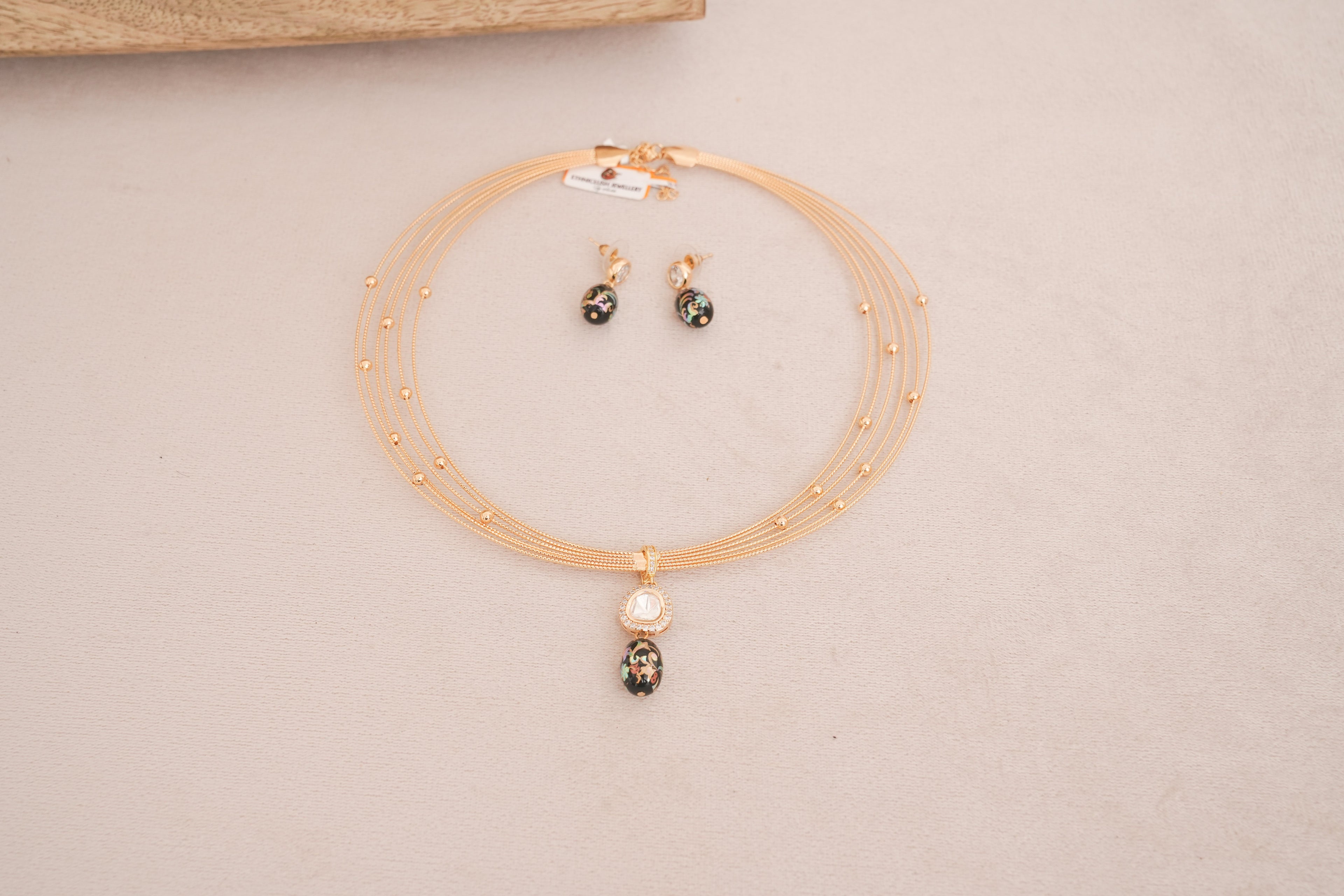 Black floral Enamel Polki Multi Strand Hasli Set