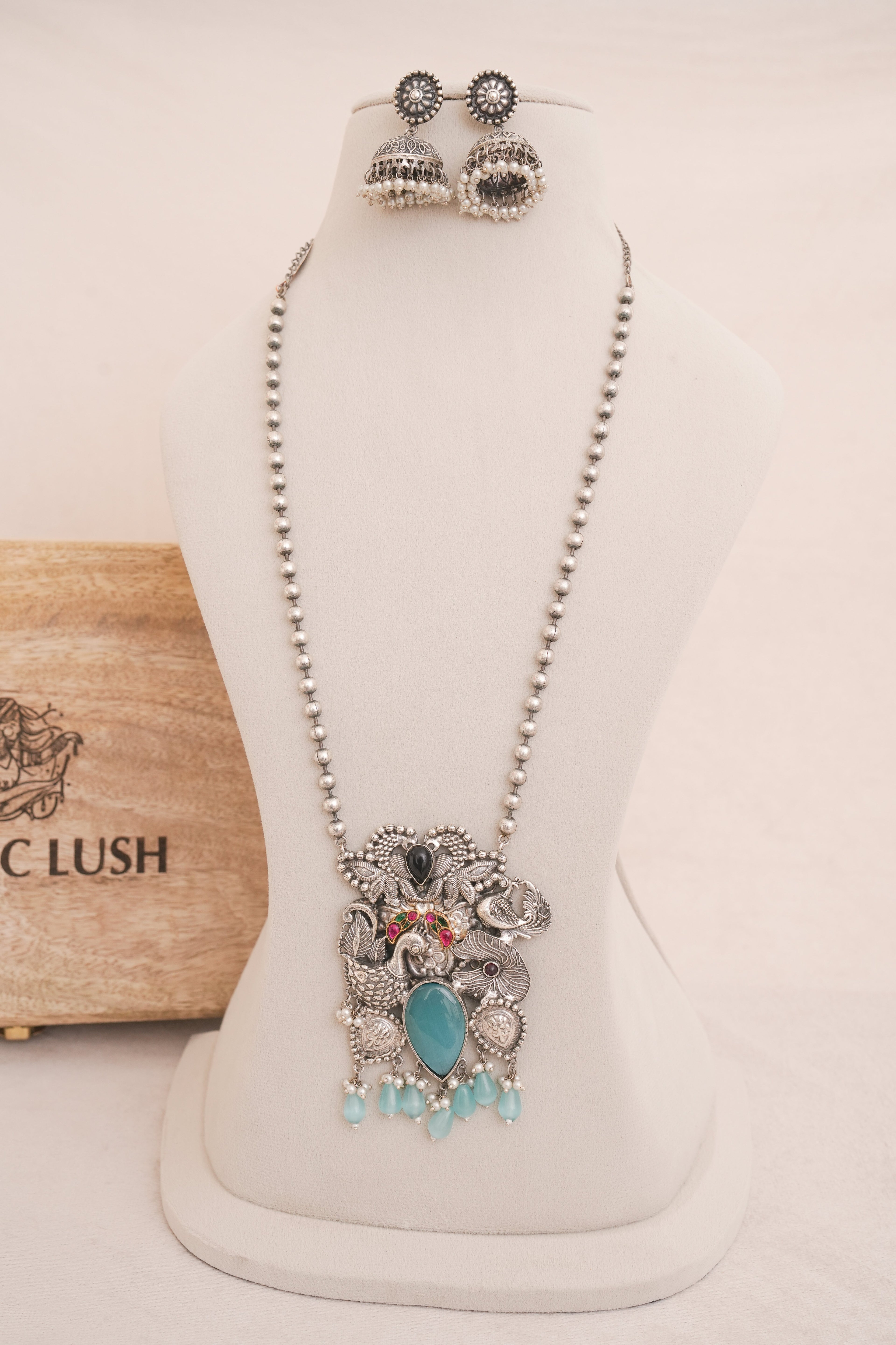 Peacocks Whisper Turquoise Oxidised Statement Necklace Set