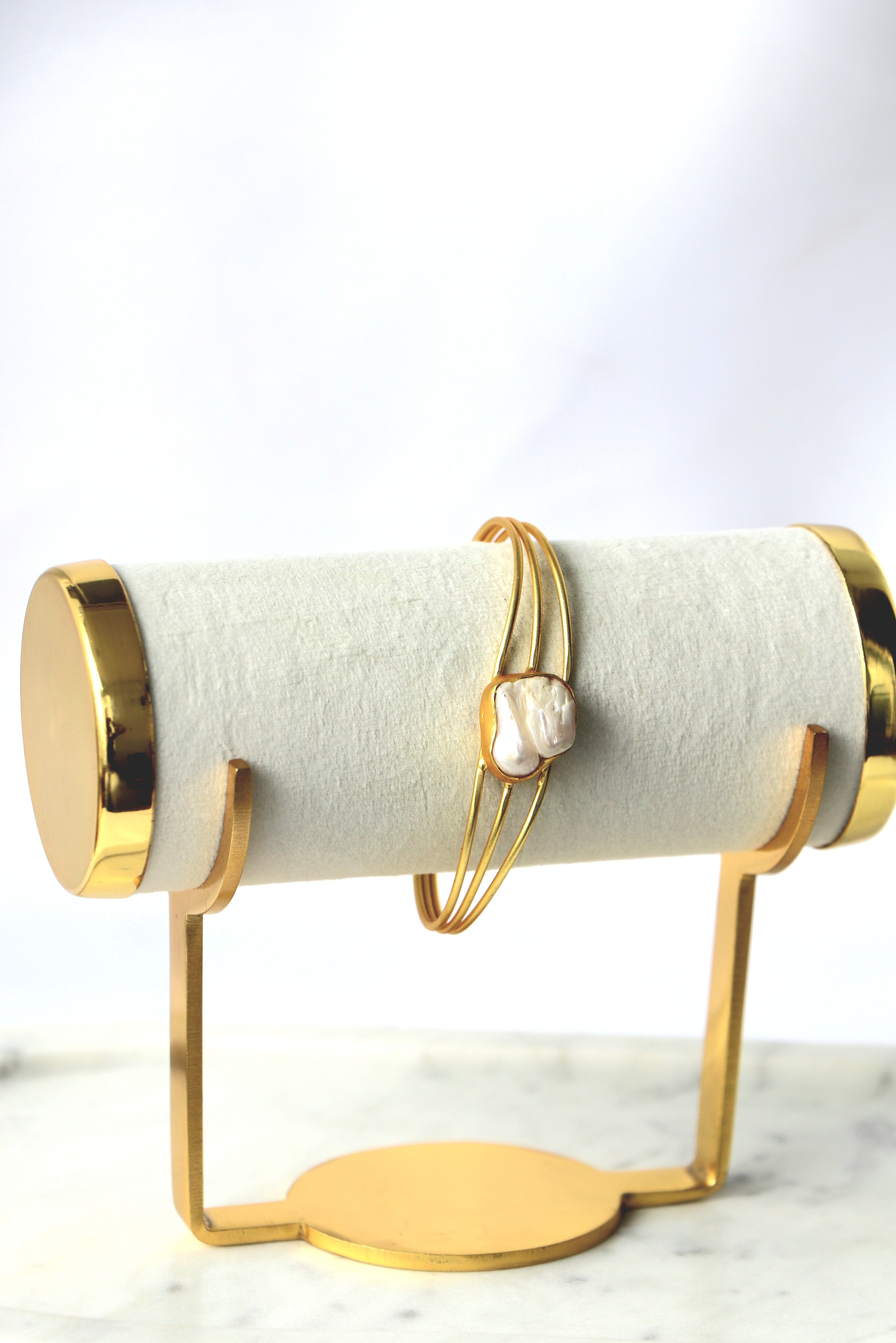 Minimalist Pearl Triple Wire Cuff Bracelet