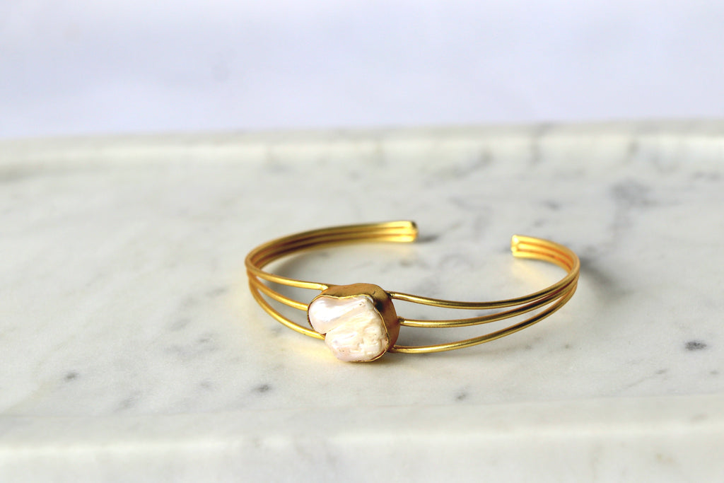 Minimalist Pearl Triple Wire Cuff Bracelet