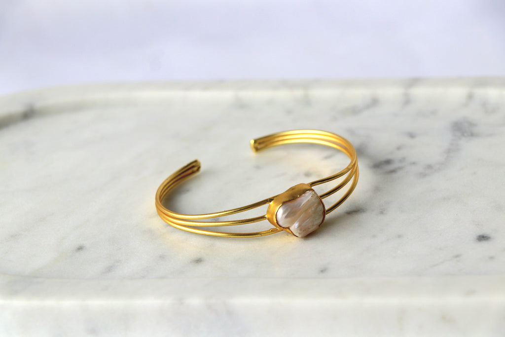 Minimalist Pearl Triple Wire Cuff Bracelet
