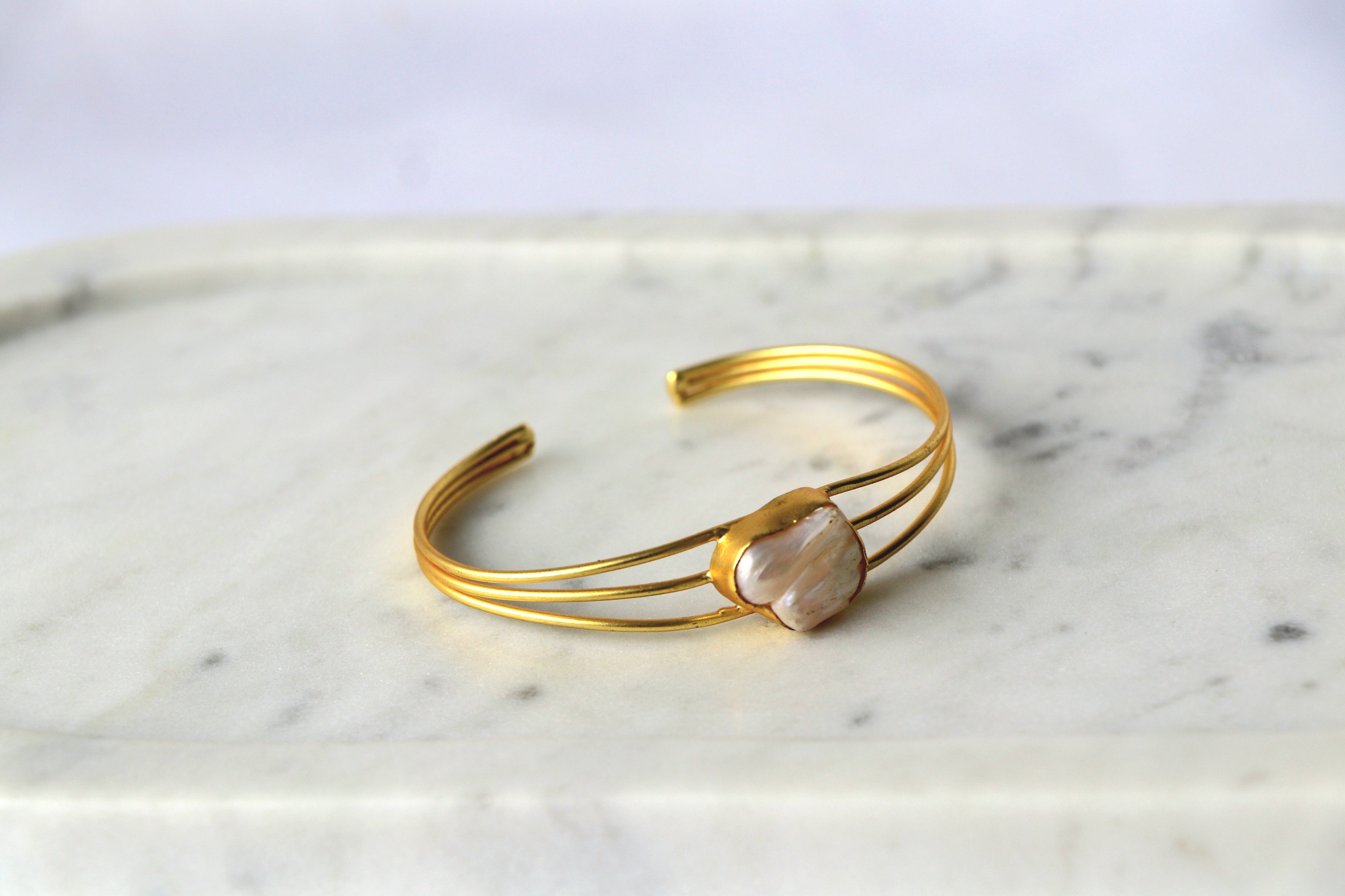 Minimalist Pearl Triple Wire Cuff Bracelet