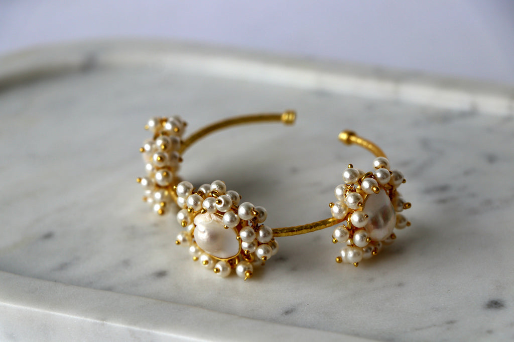 Pearl Bloom Gold Open Cuff Bracelet
