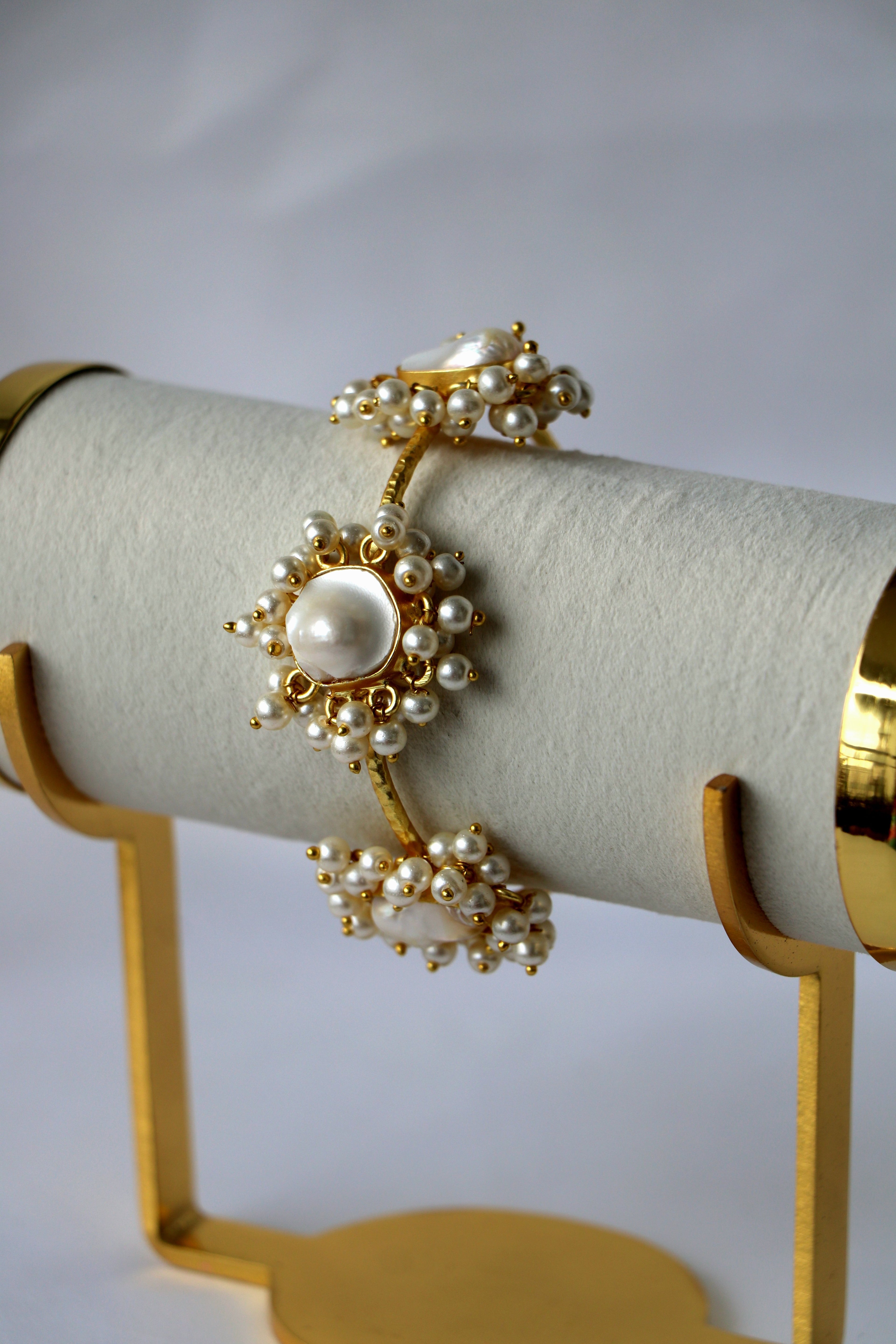 Pearl Bloom Gold Open Cuff Bracelet
