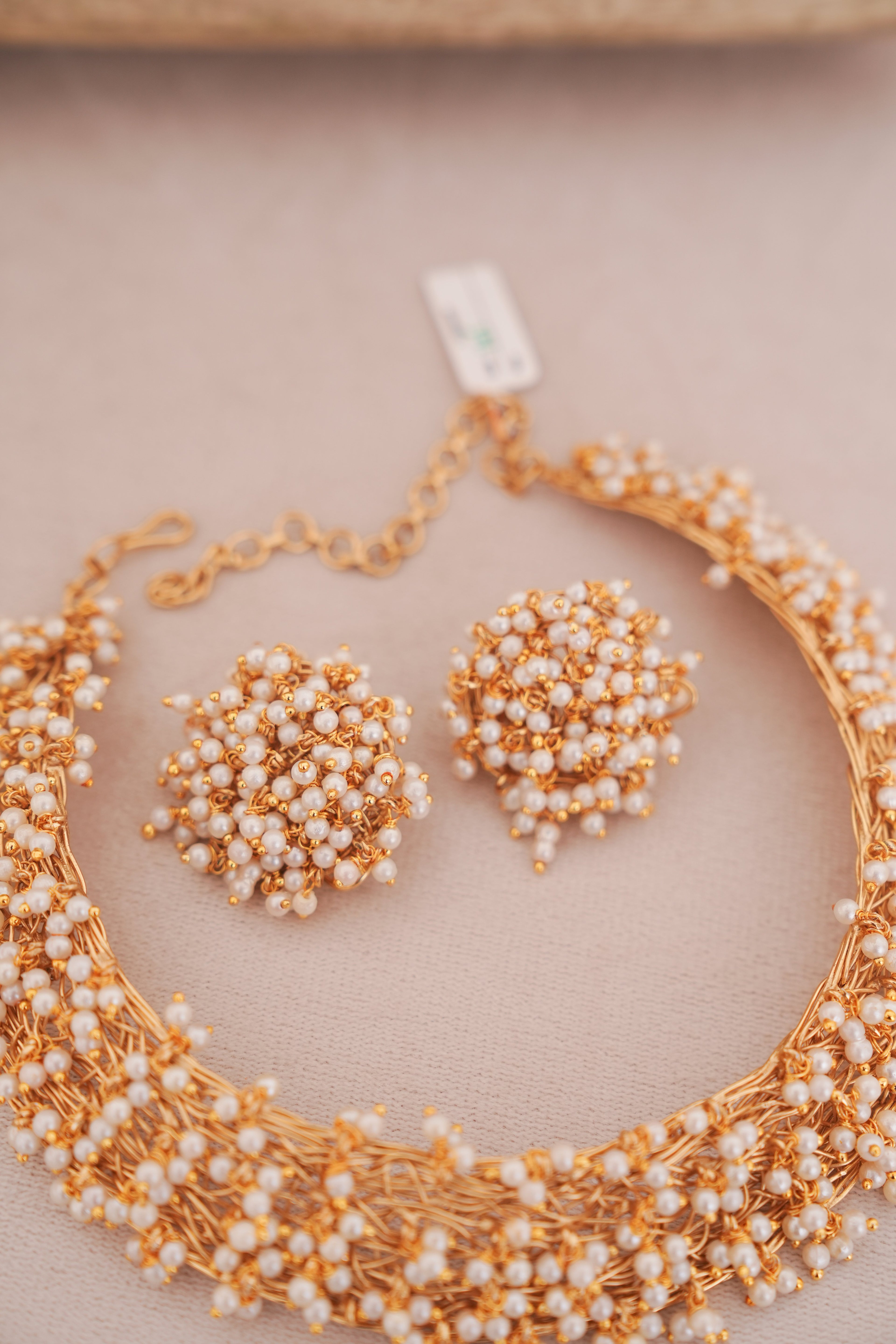 Handwoven Brass Pearl Choker Necklace Set