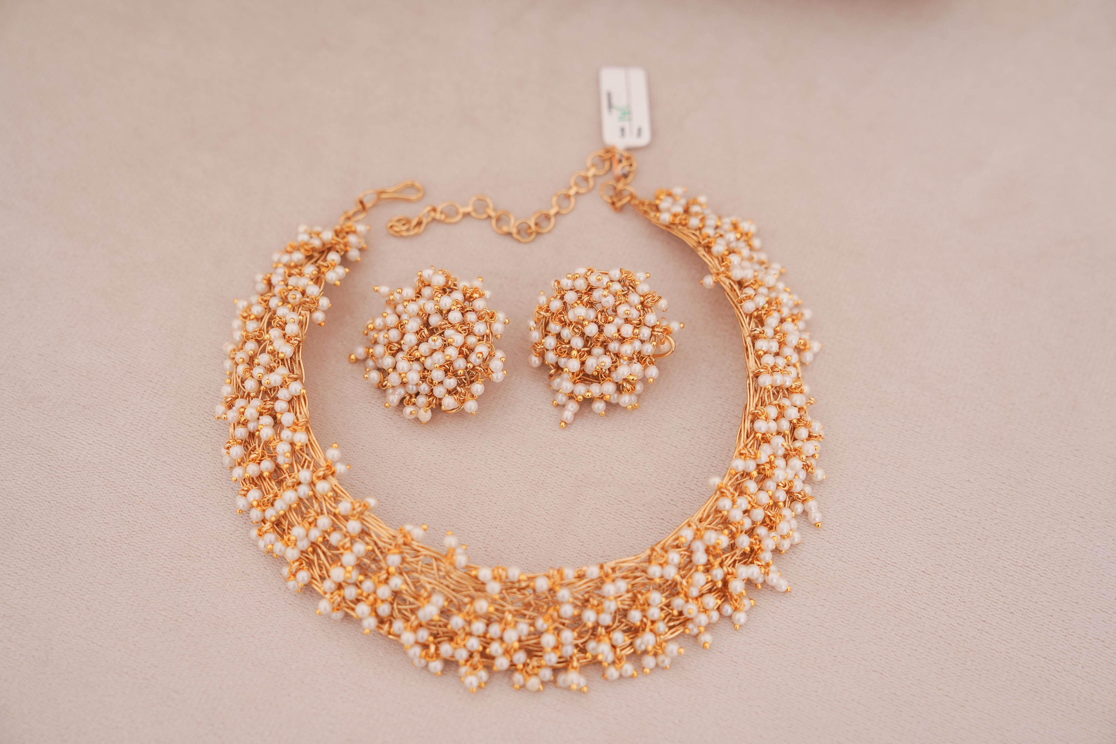 Handwoven Brass Pearl Choker Necklace Set