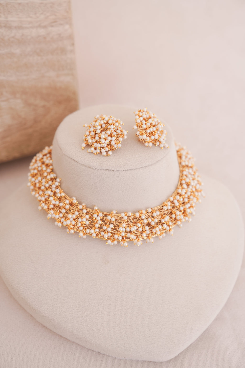 Handwoven Brass Pearl Choker Necklace Set