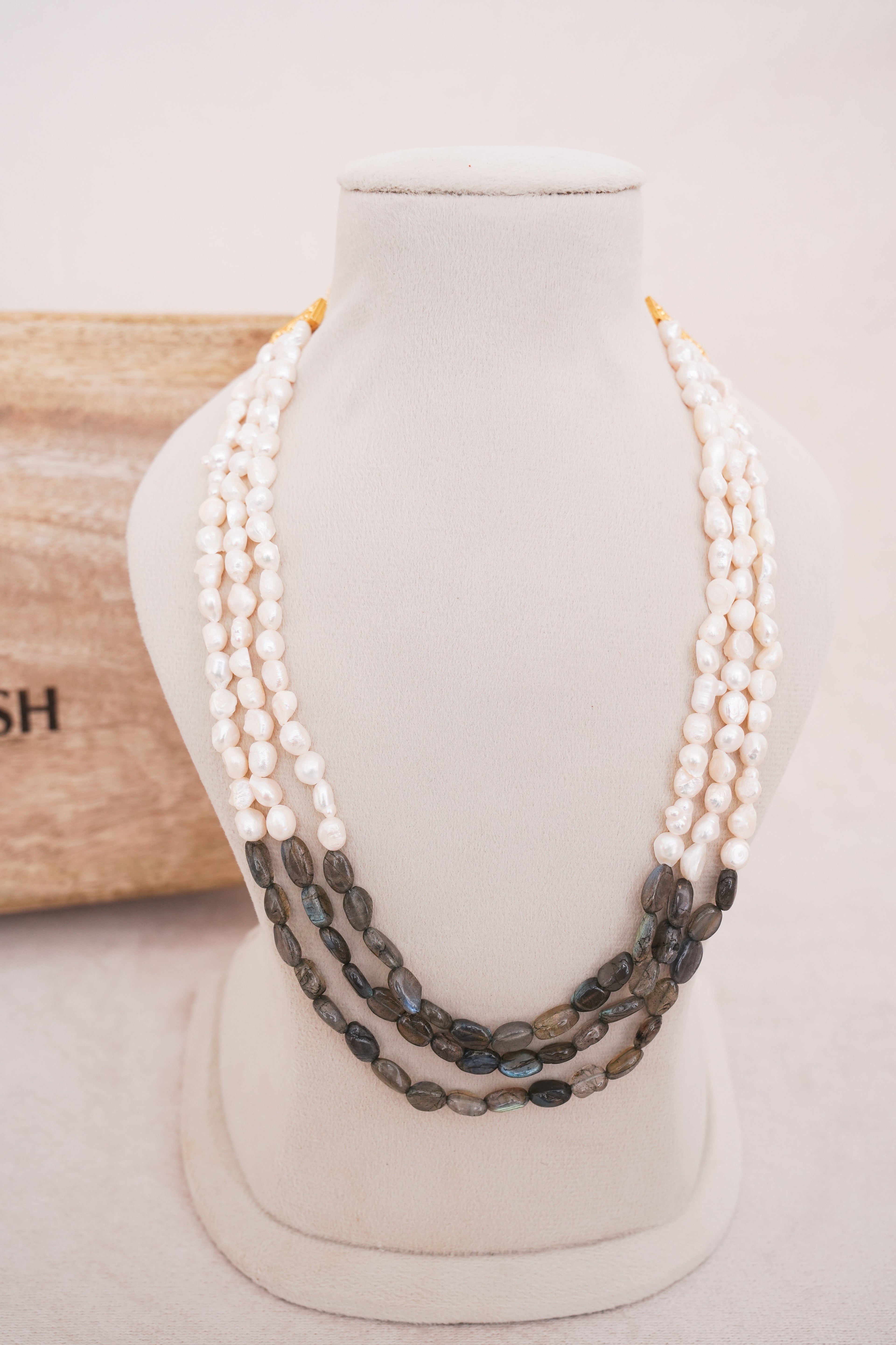 Labrodrite & Freshwater Pearl Multi Strand Statement Necklace