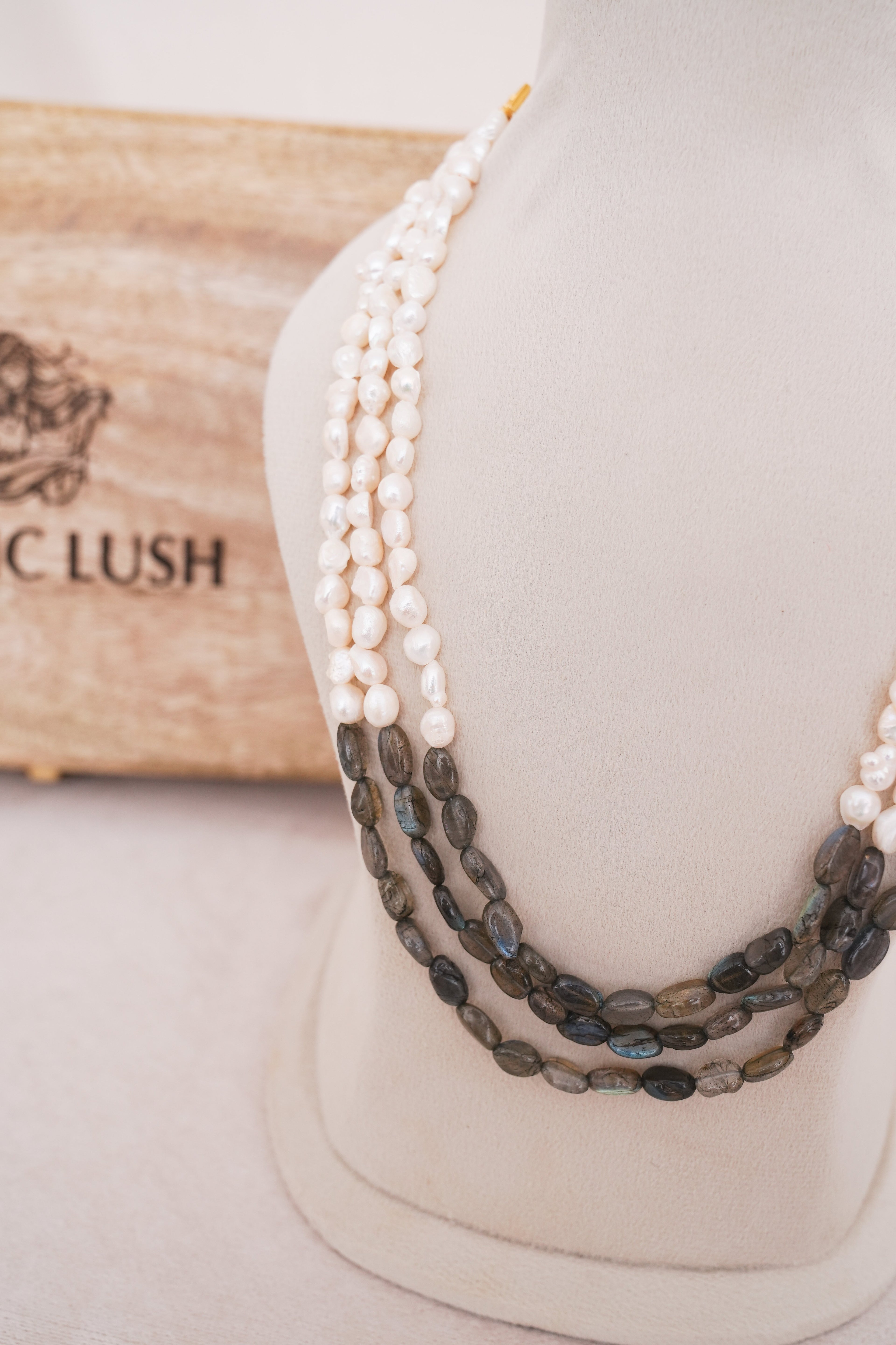 Labrodrite & Freshwater Pearl Multi Strand Statement Necklace