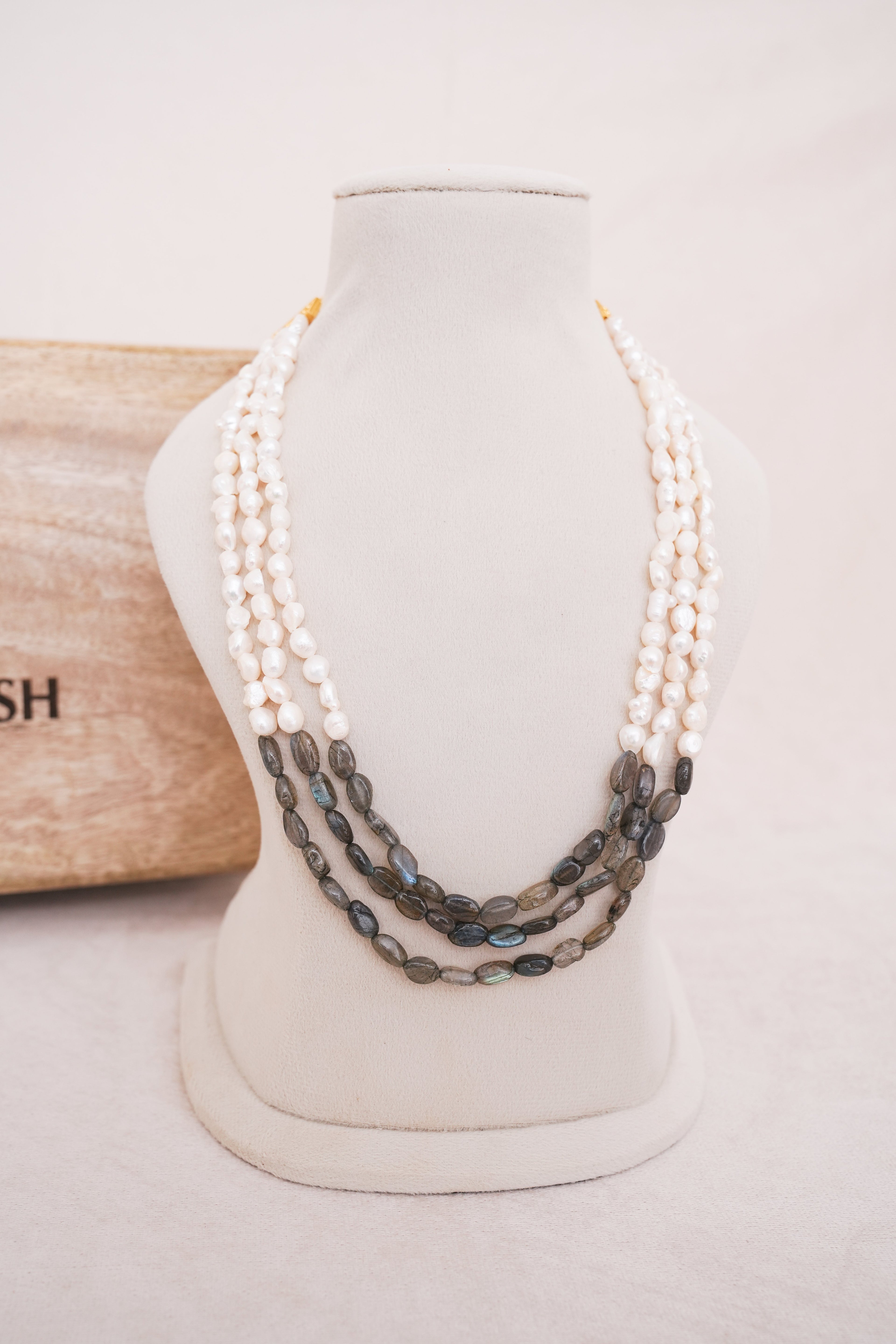 Labrodrite & Freshwater Pearl Multi Strand Statement Necklace