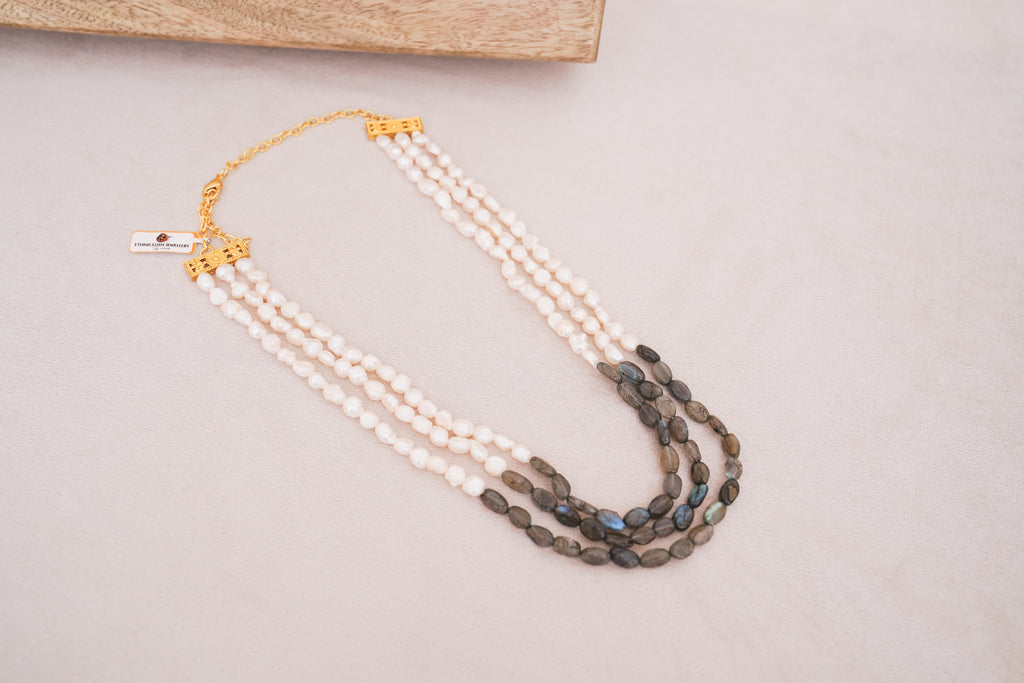 Labrodrite & Freshwater Pearl Multi Strand Statement Necklace