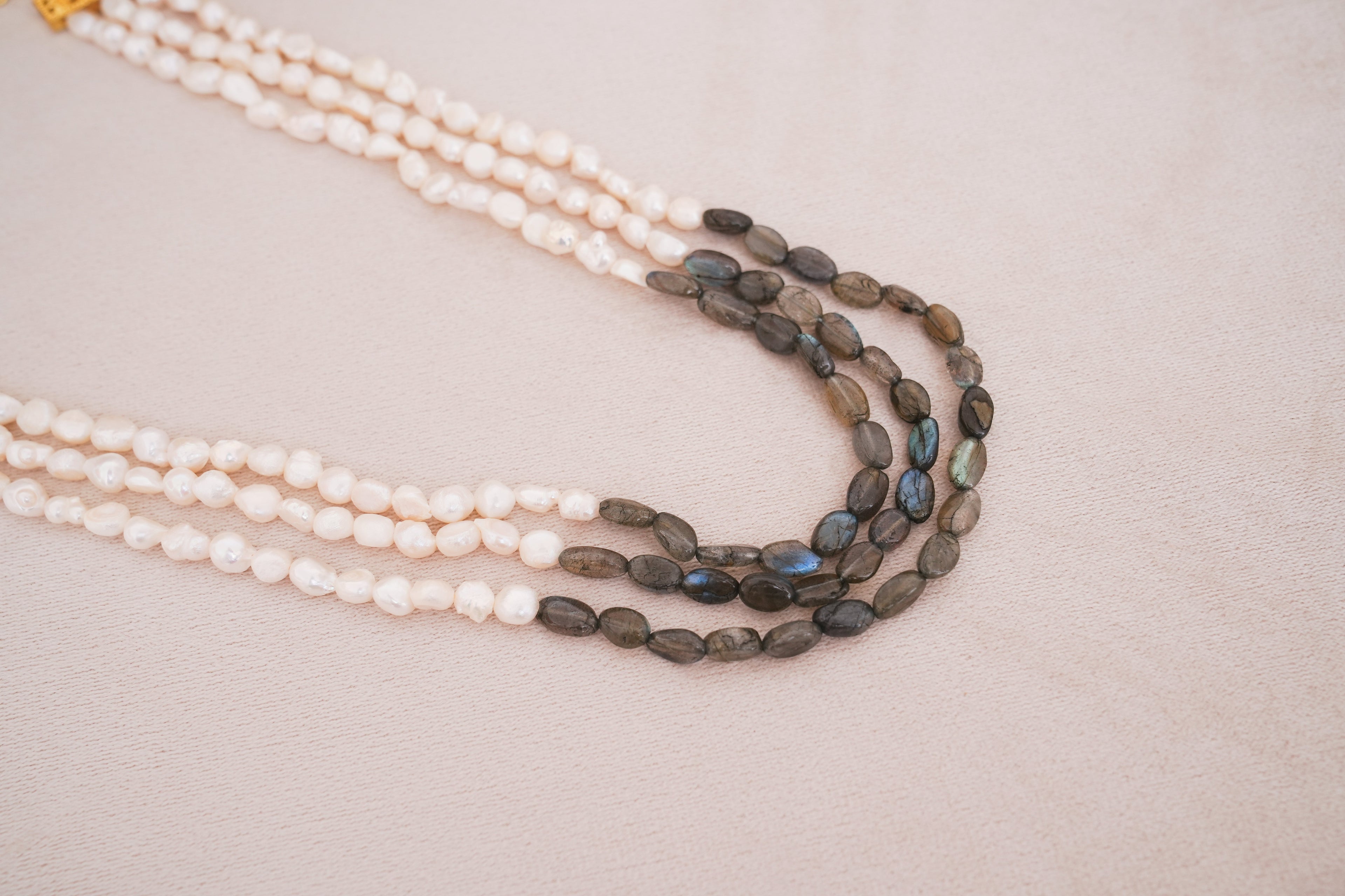 Labrodrite & Freshwater Pearl Multi Strand Statement Necklace