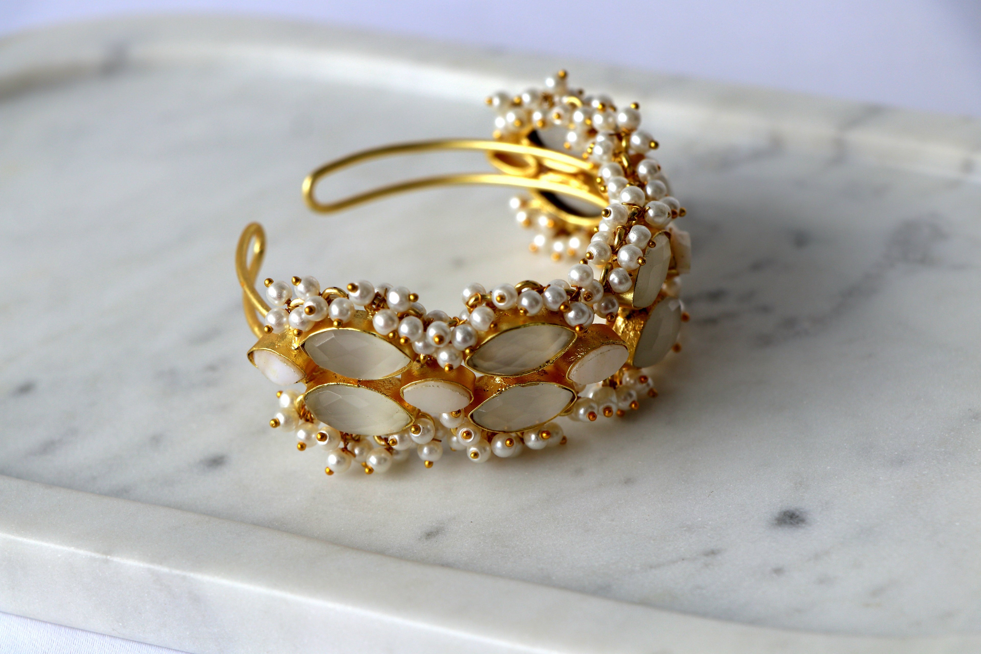 Regal Pearl Cuff Bracelet | Natural Gemstone & Pearl Statement Bracelet