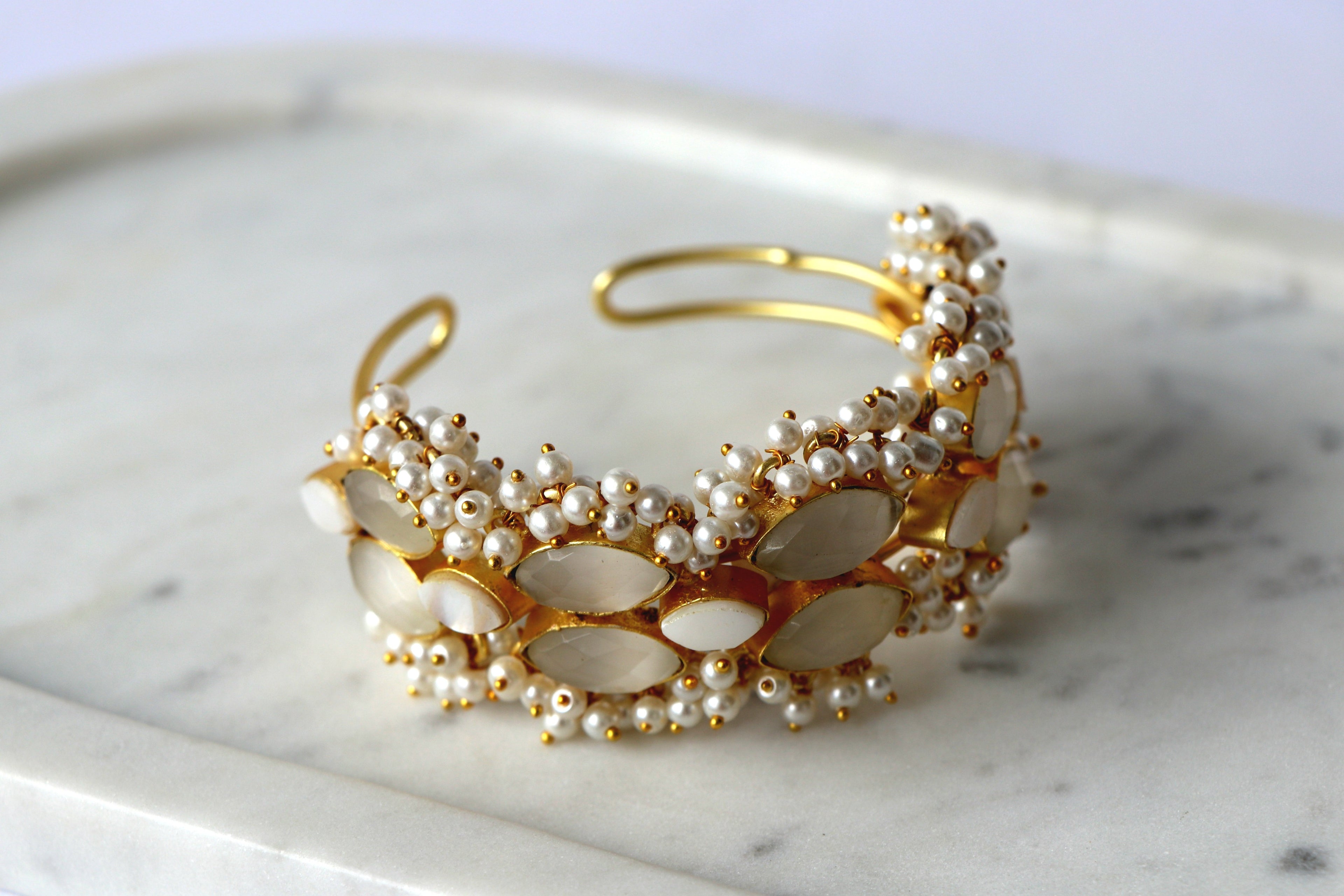 Regal Pearl Cuff Bracelet | Natural Gemstone & Pearl Statement Bracelet