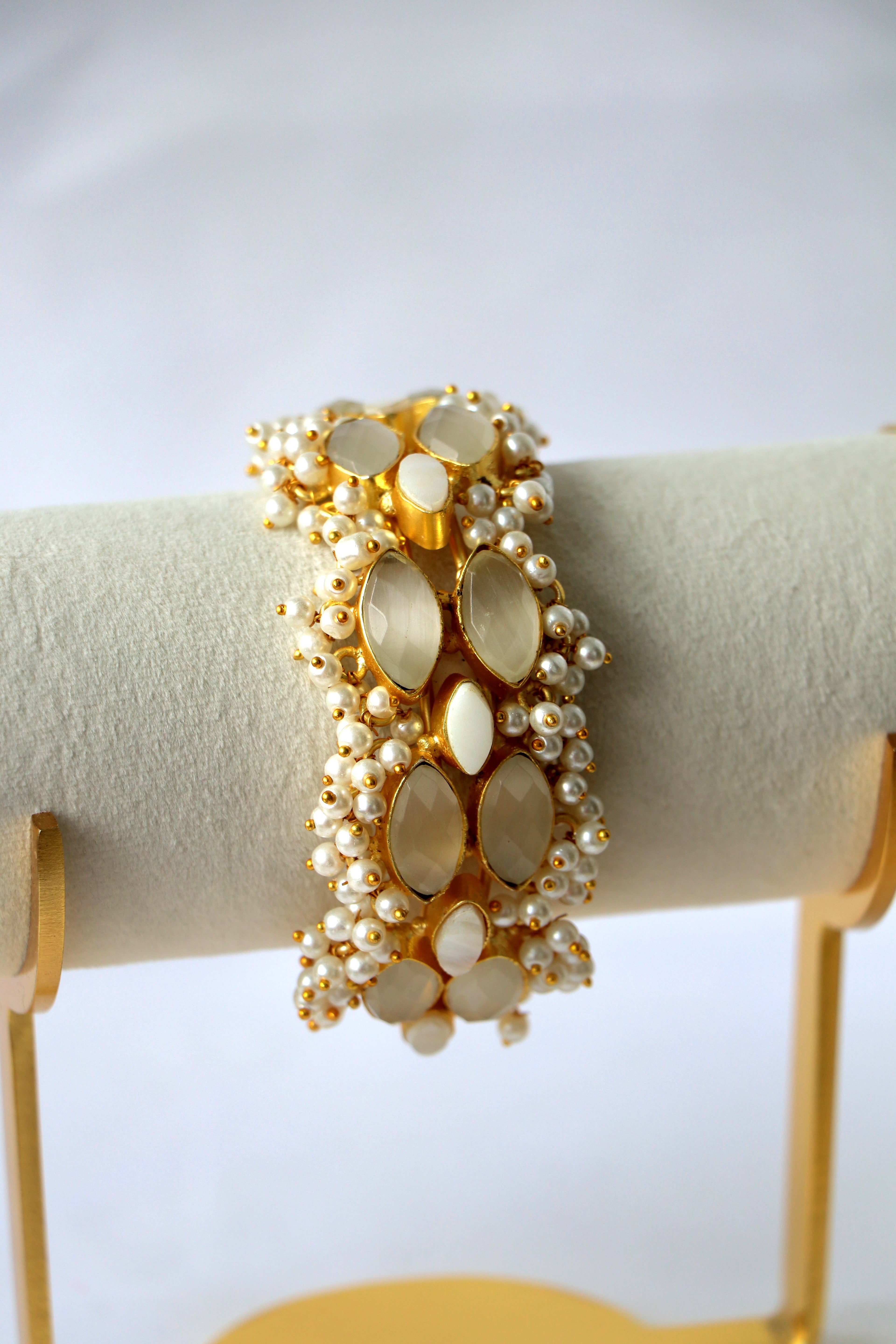 Regal Pearl Cuff Bracelet | Natural Gemstone & Pearl Statement Bracelet