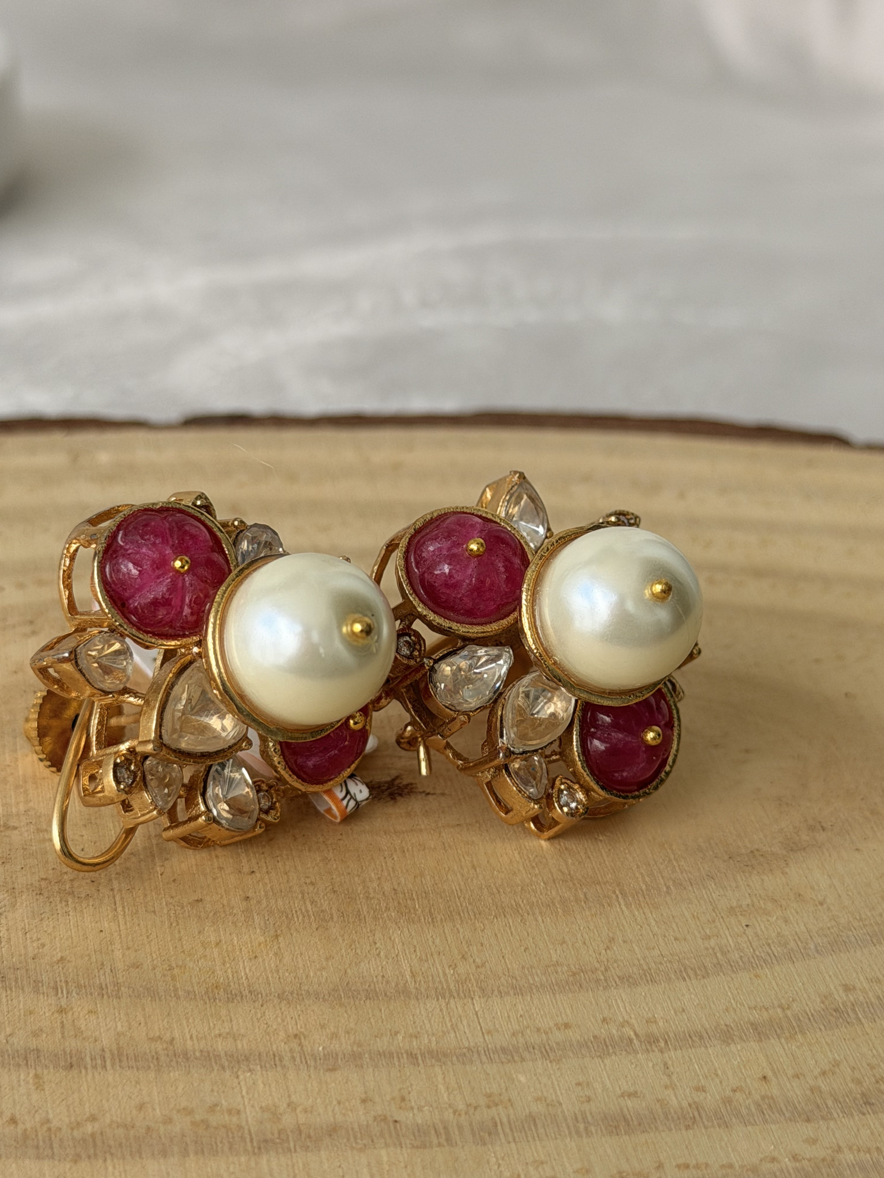 Pearl  Ruby Gold Earrings With Diamond Accents