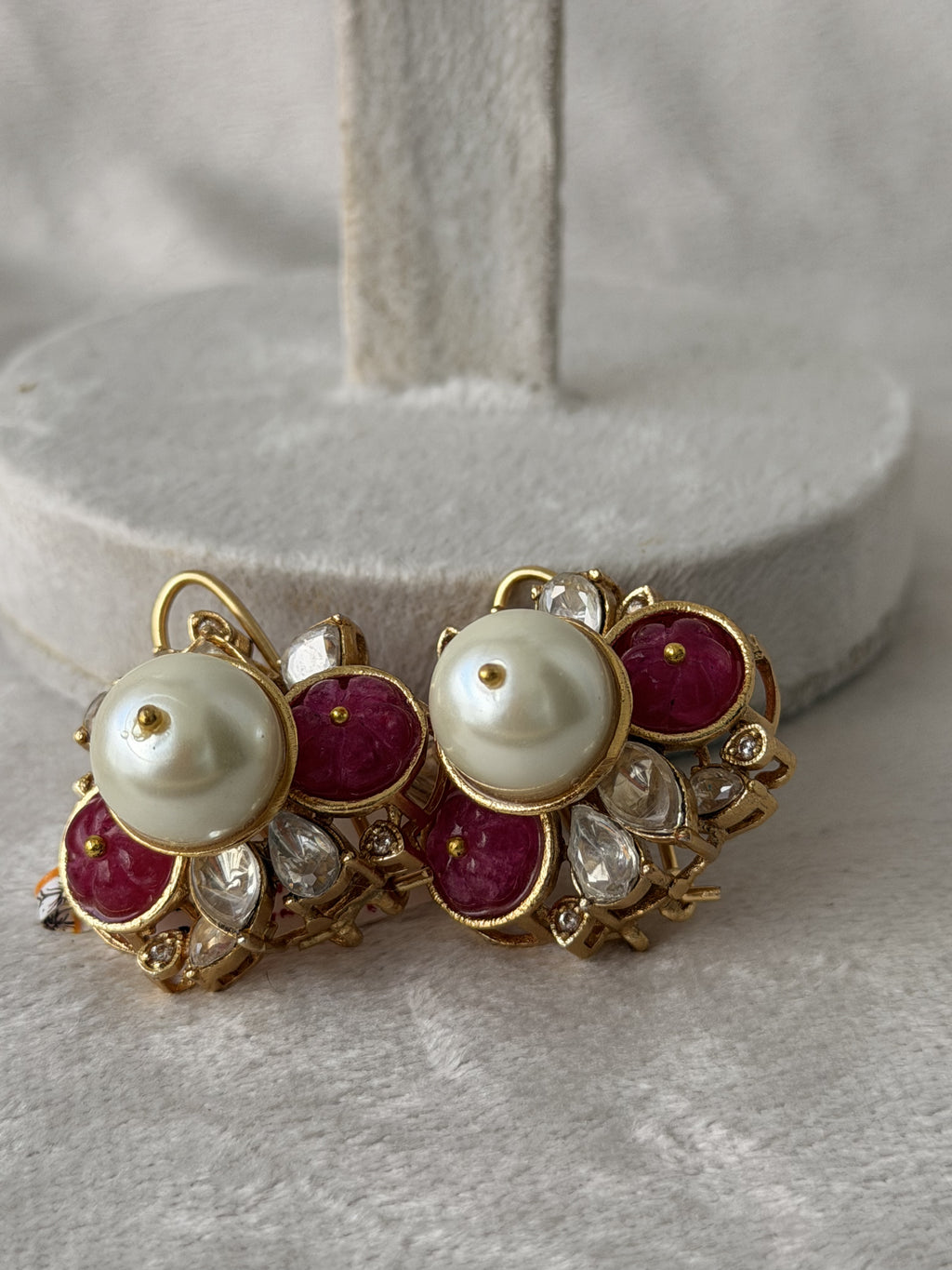 Pearl  Ruby Gold Earrings With Diamond Accents