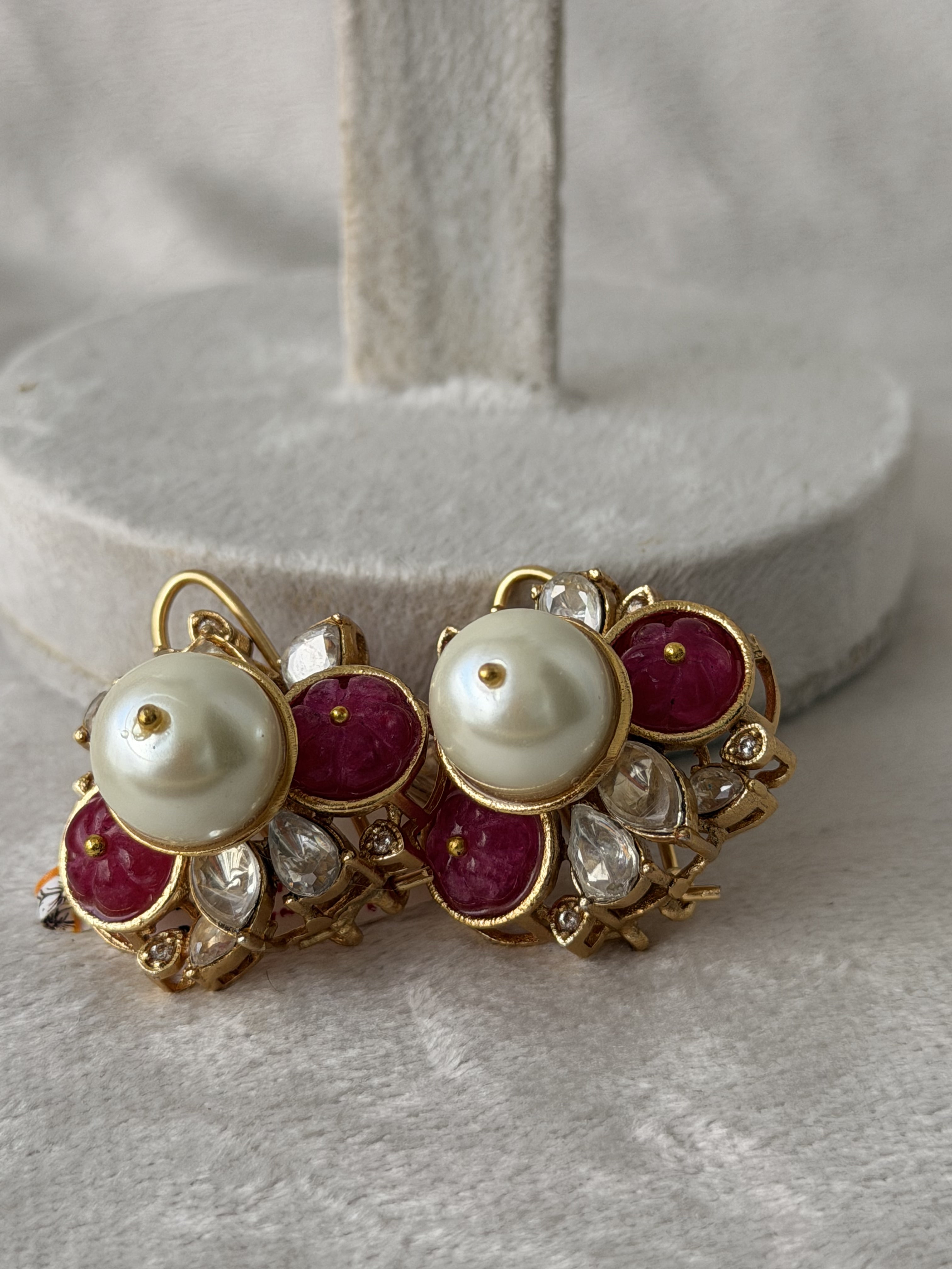 Pearl  Ruby Gold Earrings With Diamond Accents