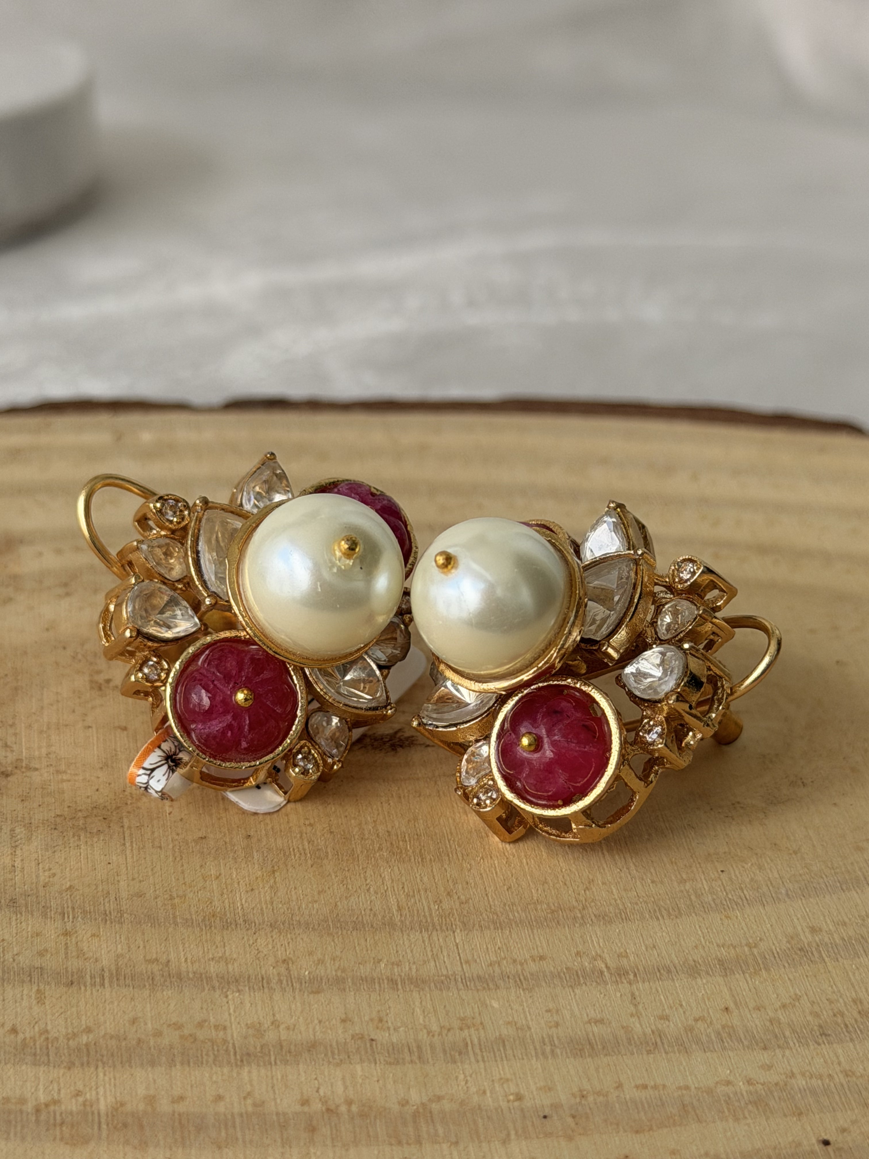 Pearl  Ruby Gold Earrings With Diamond Accents