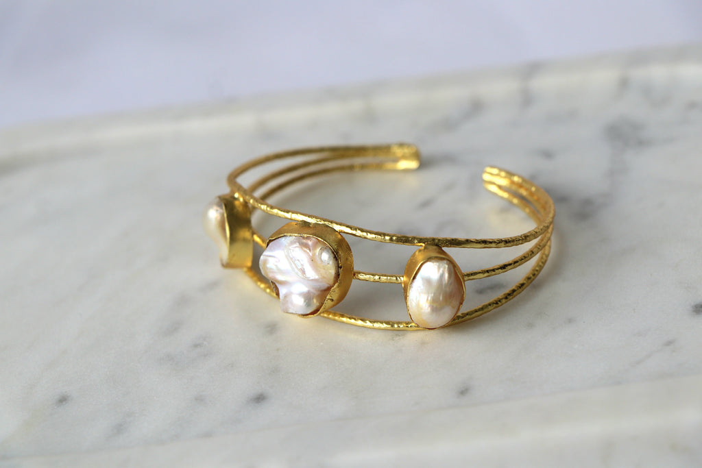 Baroque Pearl Triple Stone Open Cuff Bracelet
