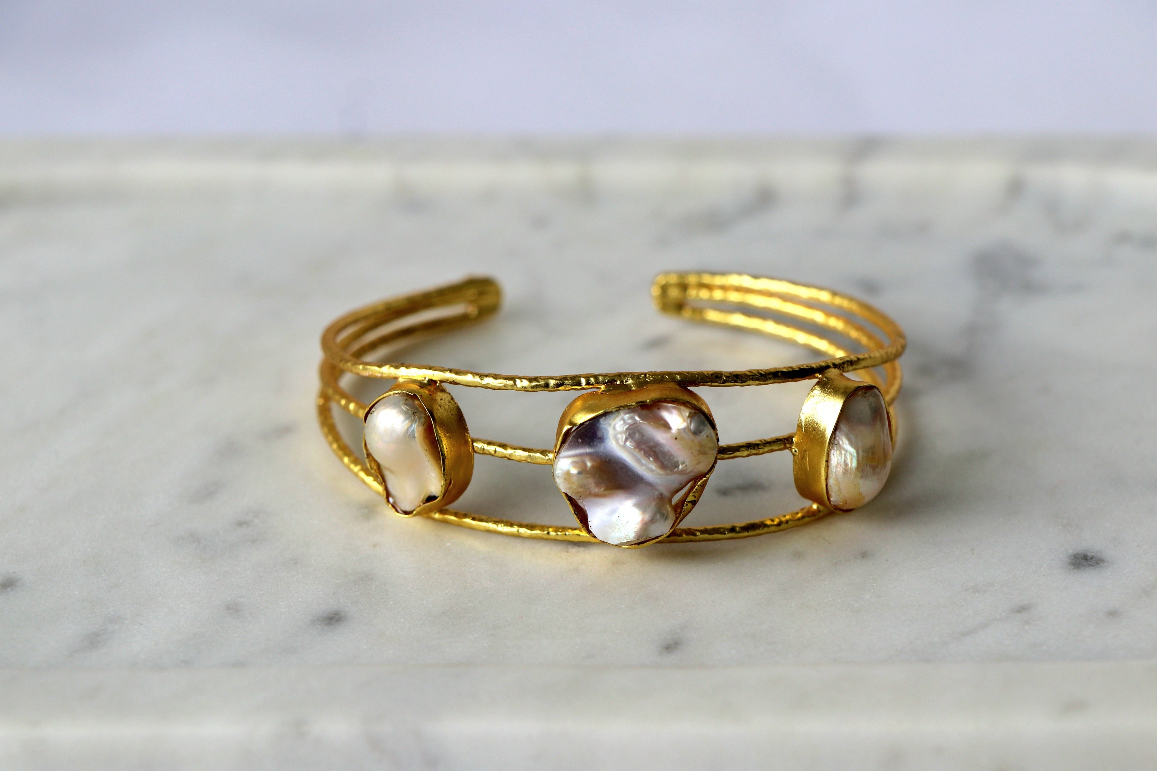 Baroque Pearl Triple Stone Open Cuff Bracelet