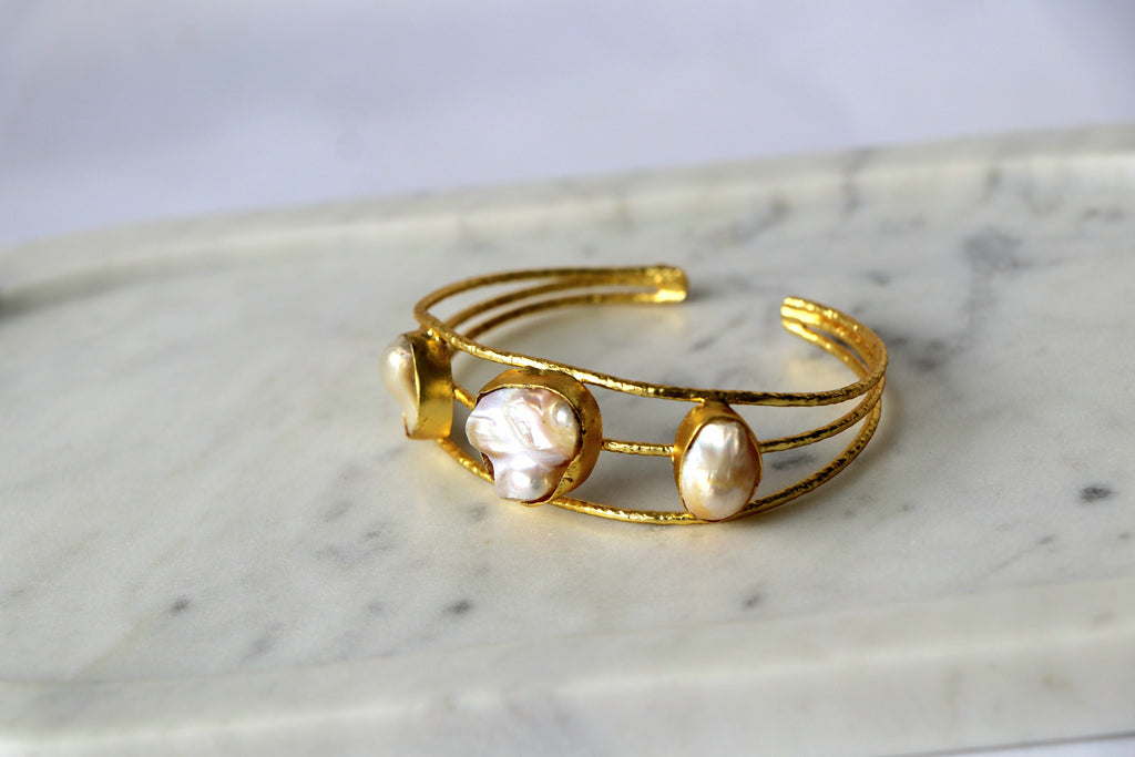 Baroque Pearl Triple Stone Open Cuff Bracelet