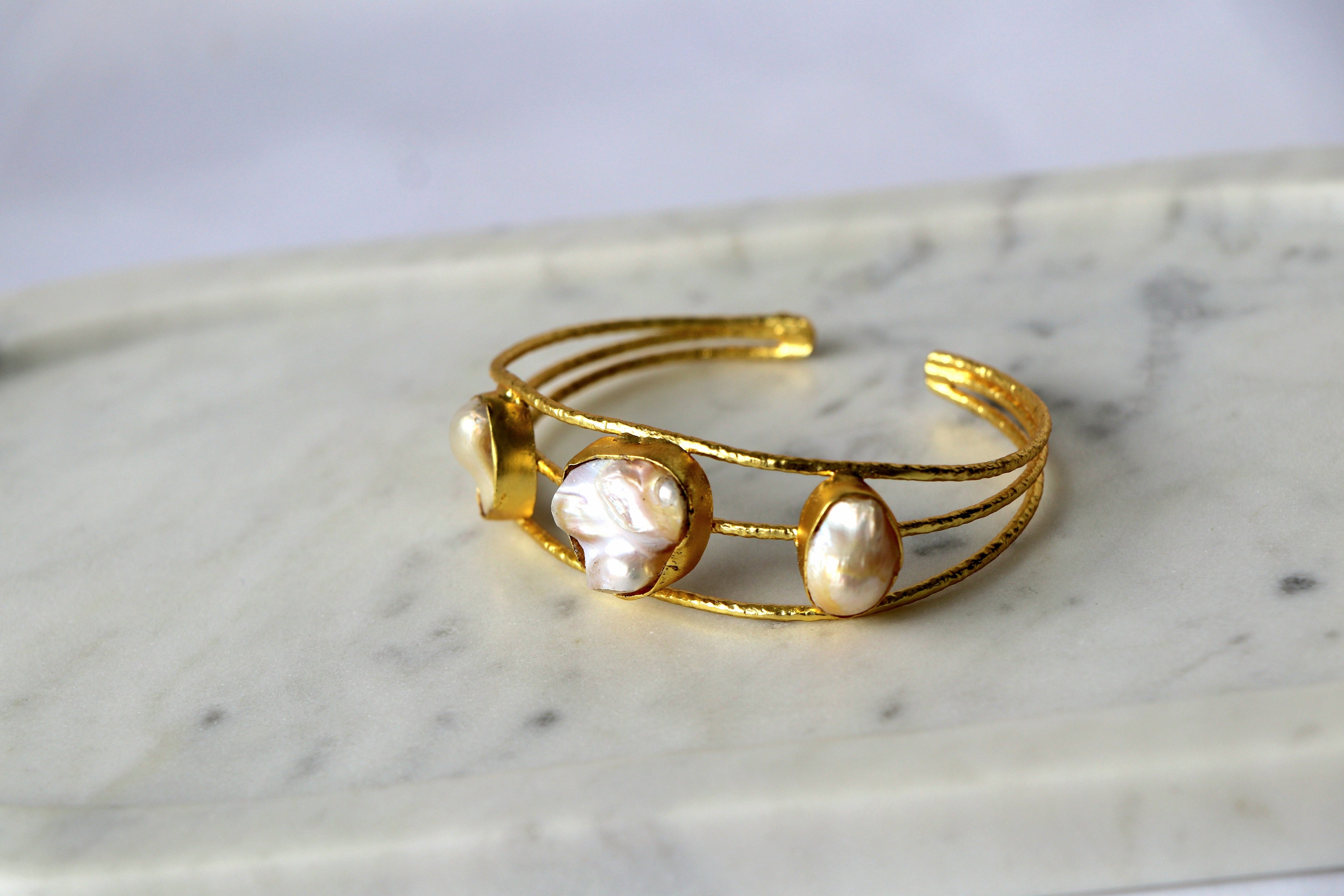 Baroque Pearl Triple Stone Open Cuff Bracelet