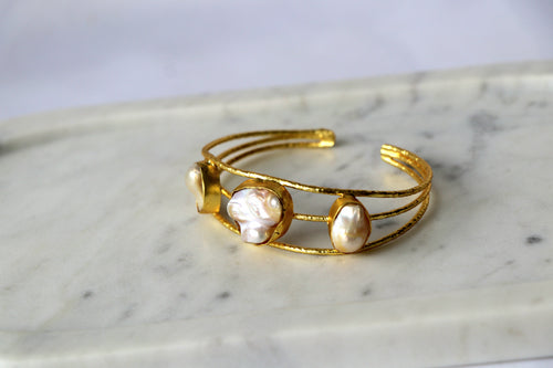 Baroque Pearl Triple Stone Open Cuff Bracelet