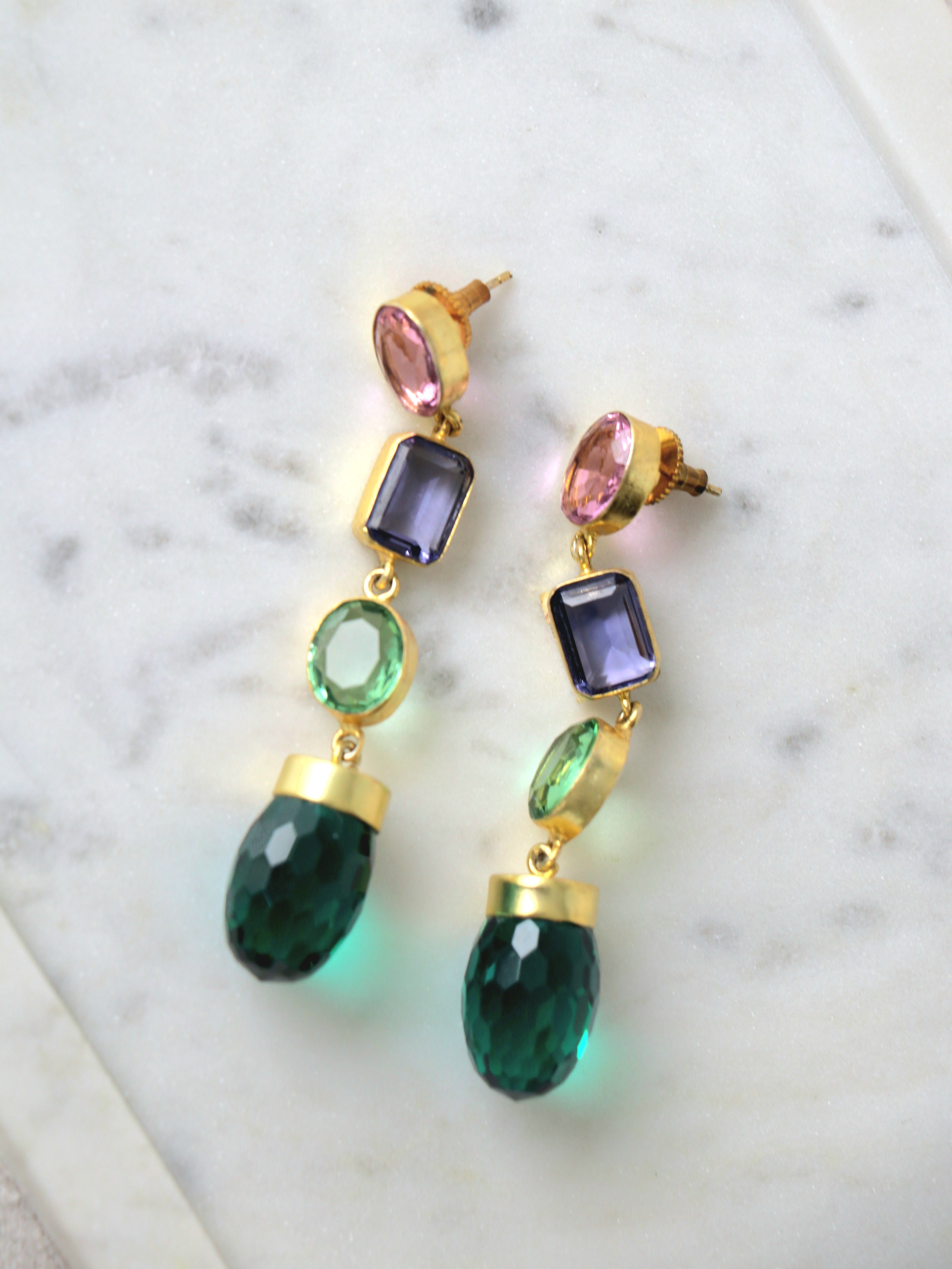 Pink Purple Emerald Cascade Earrings