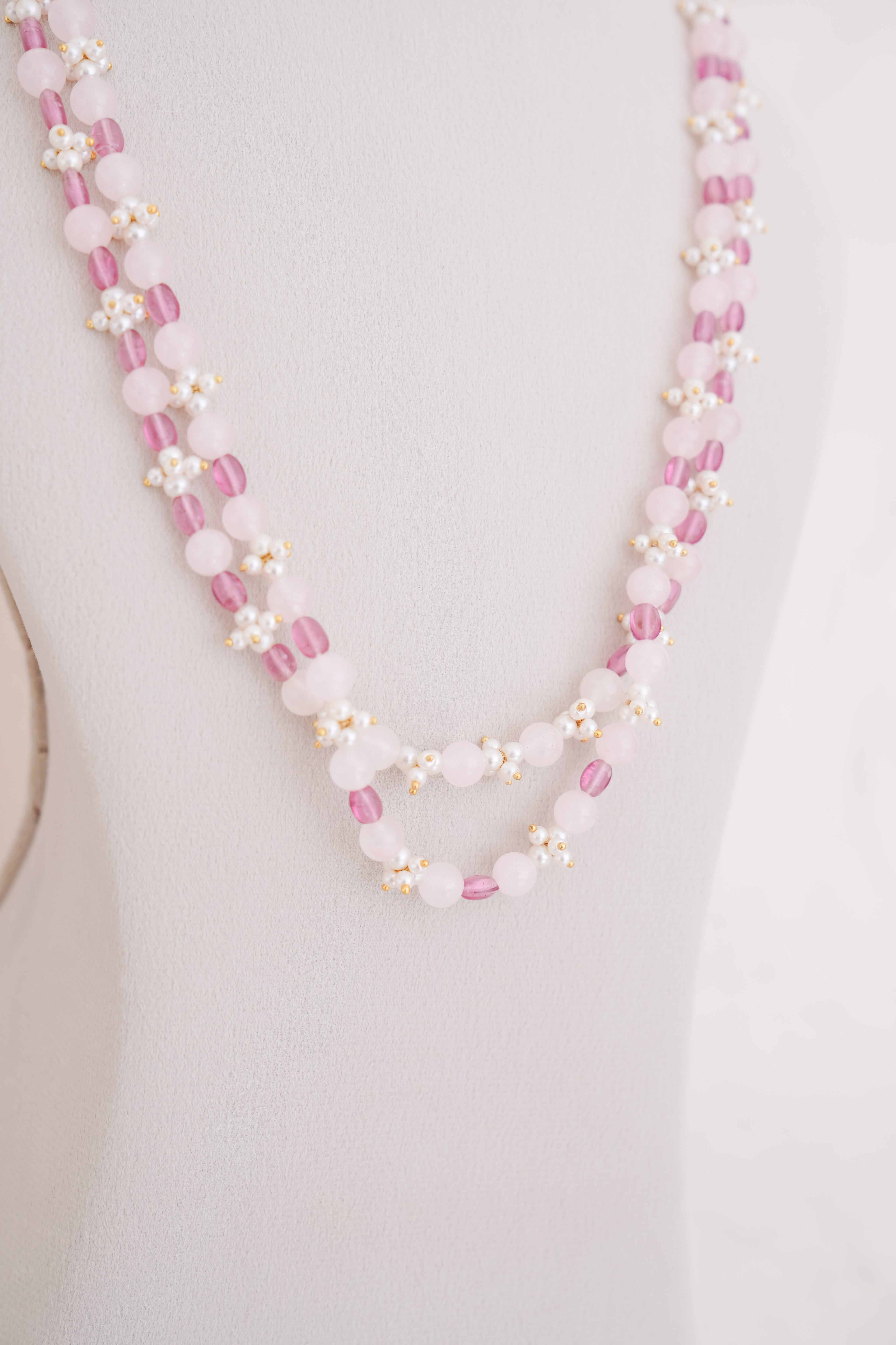 Pink Natural Gemstone & Freshwater Pearl Double Strand Necklace Set