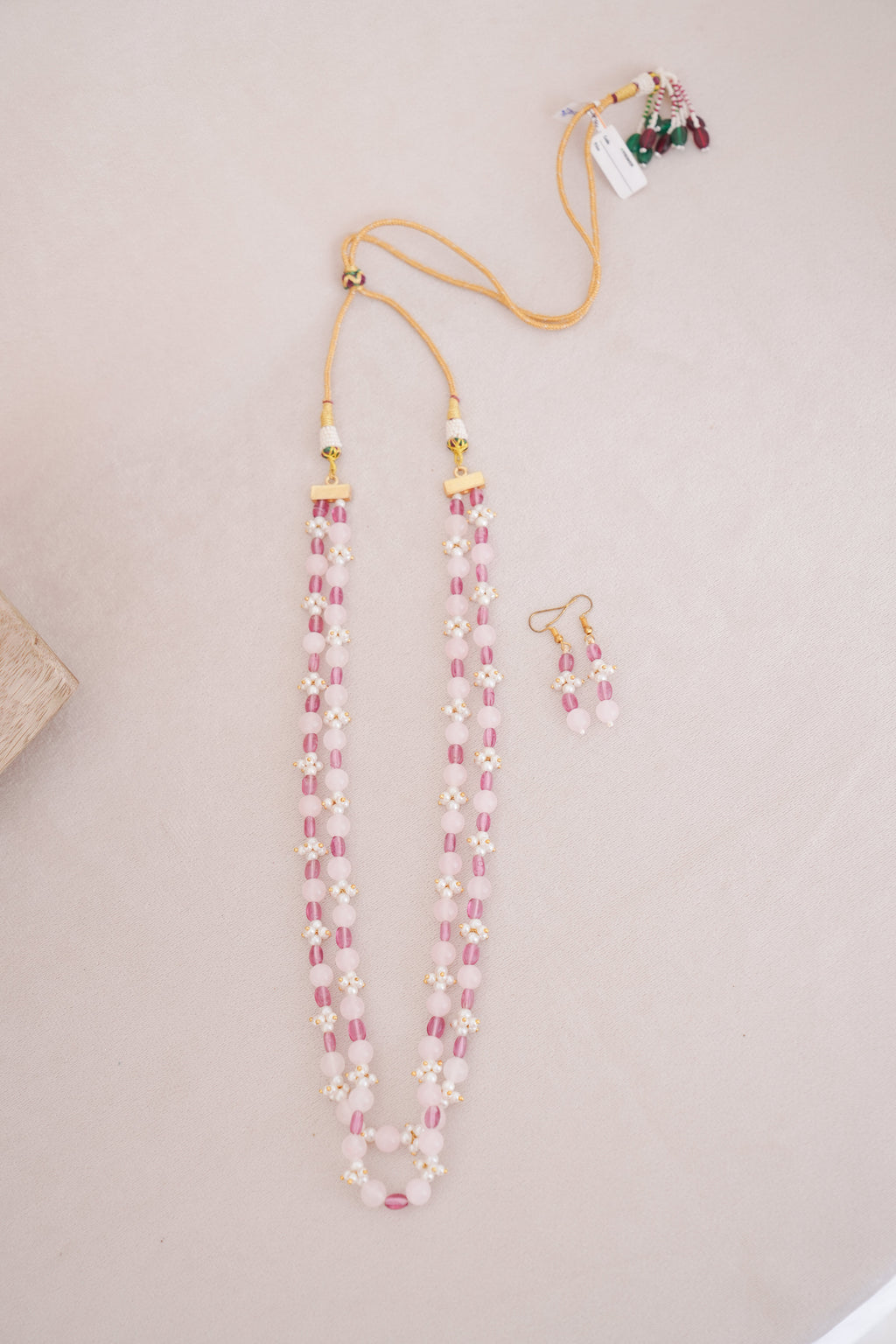 Pink Natural Gemstone & Freshwater Pearl Double Strand Necklace Set