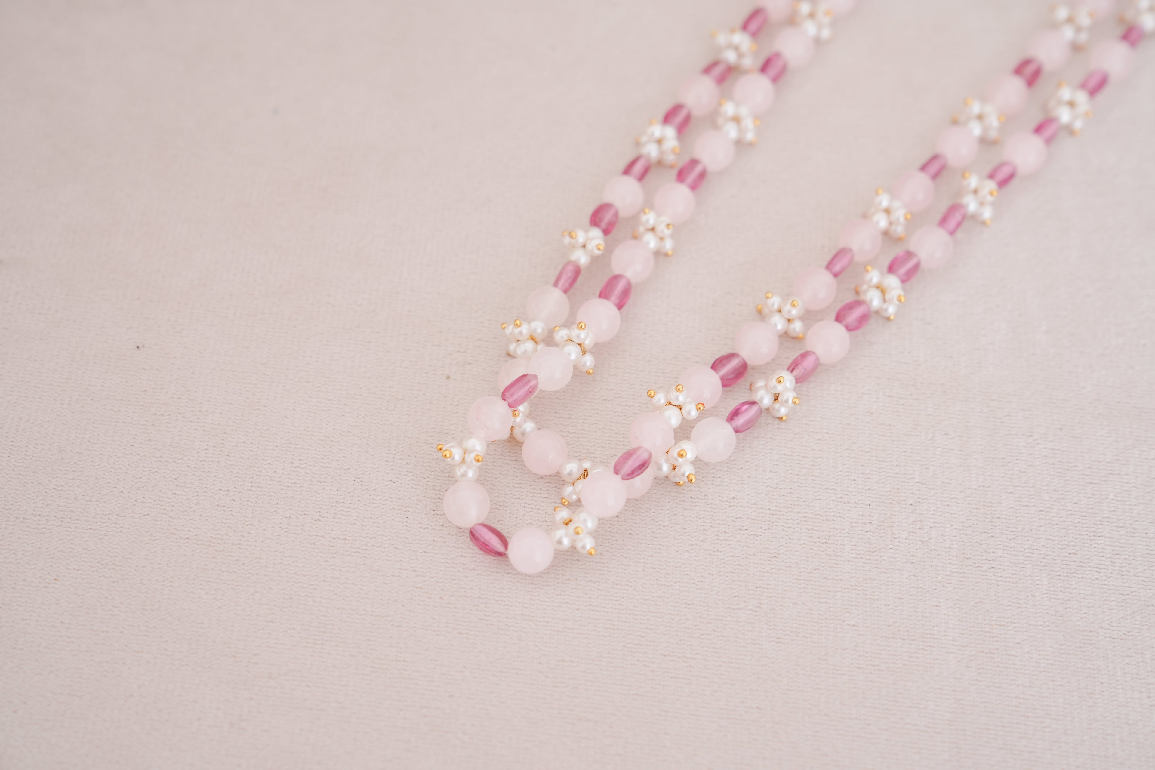 Pink Natural Gemstone & Freshwater Pearl Double Strand Necklace Set
