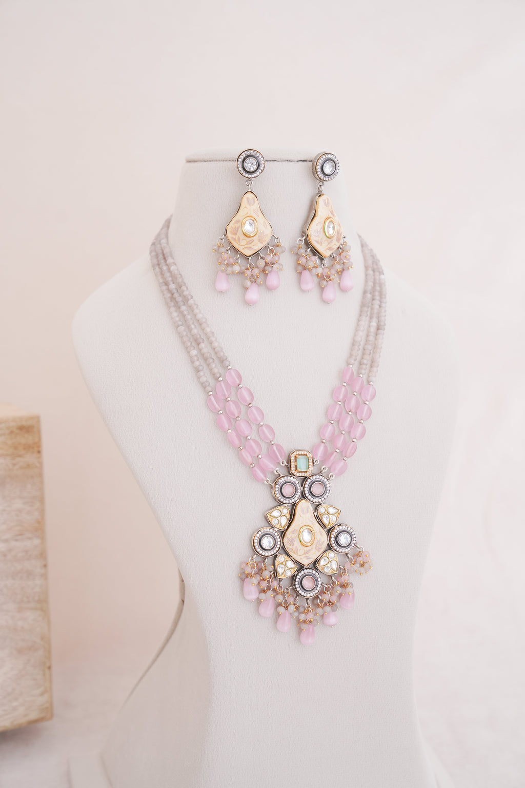 Regalia Multi Strand Pink Bead Meenakari Pendant Necklace Set