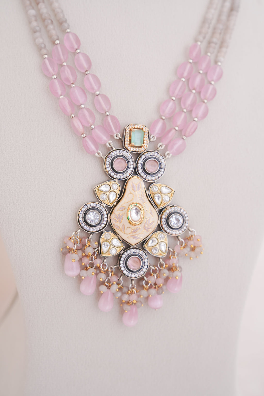 Regalia Multi Strand Pink Bead Meenakari Pendant Necklace Set