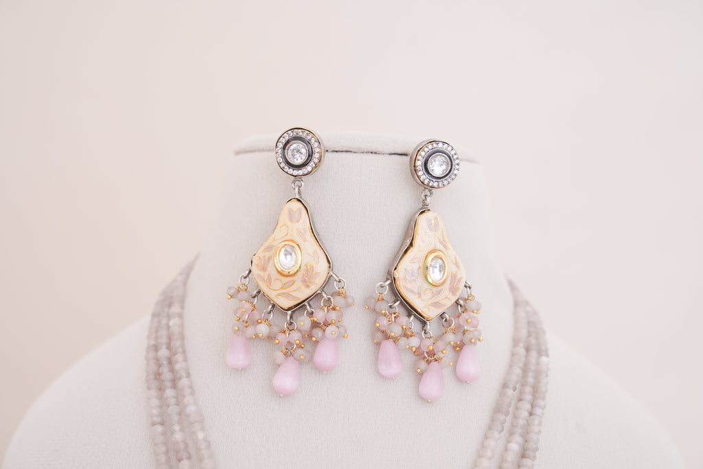 Regalia Multi Strand Pink Bead Meenakari Pendant Necklace Set
