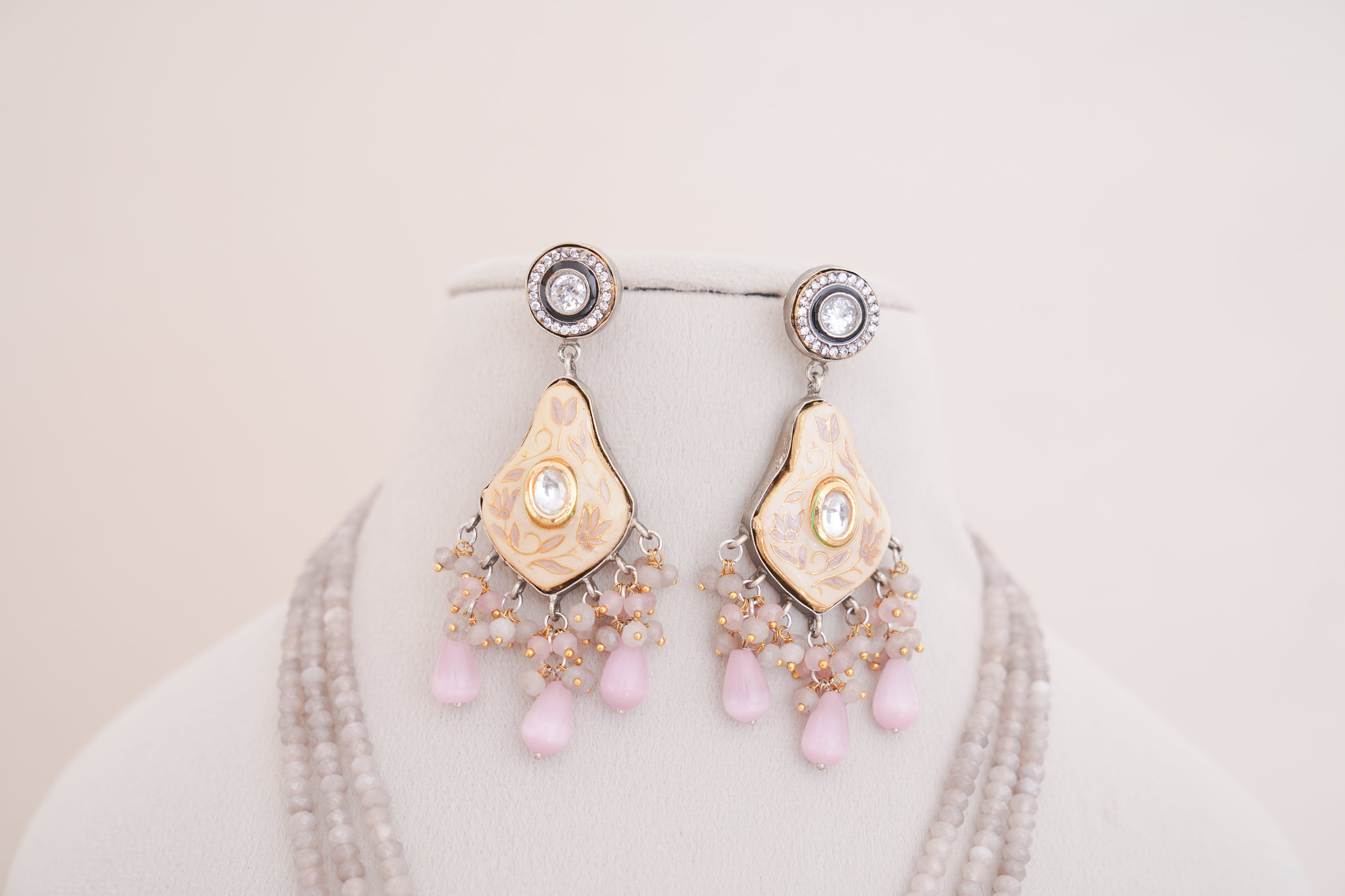 Regalia Multi Strand Pink Bead Meenakari Pendant Necklace Set