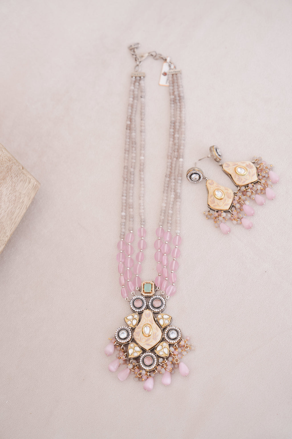 Regalia Multi Strand Pink Bead Meenakari Pendant Necklace Set