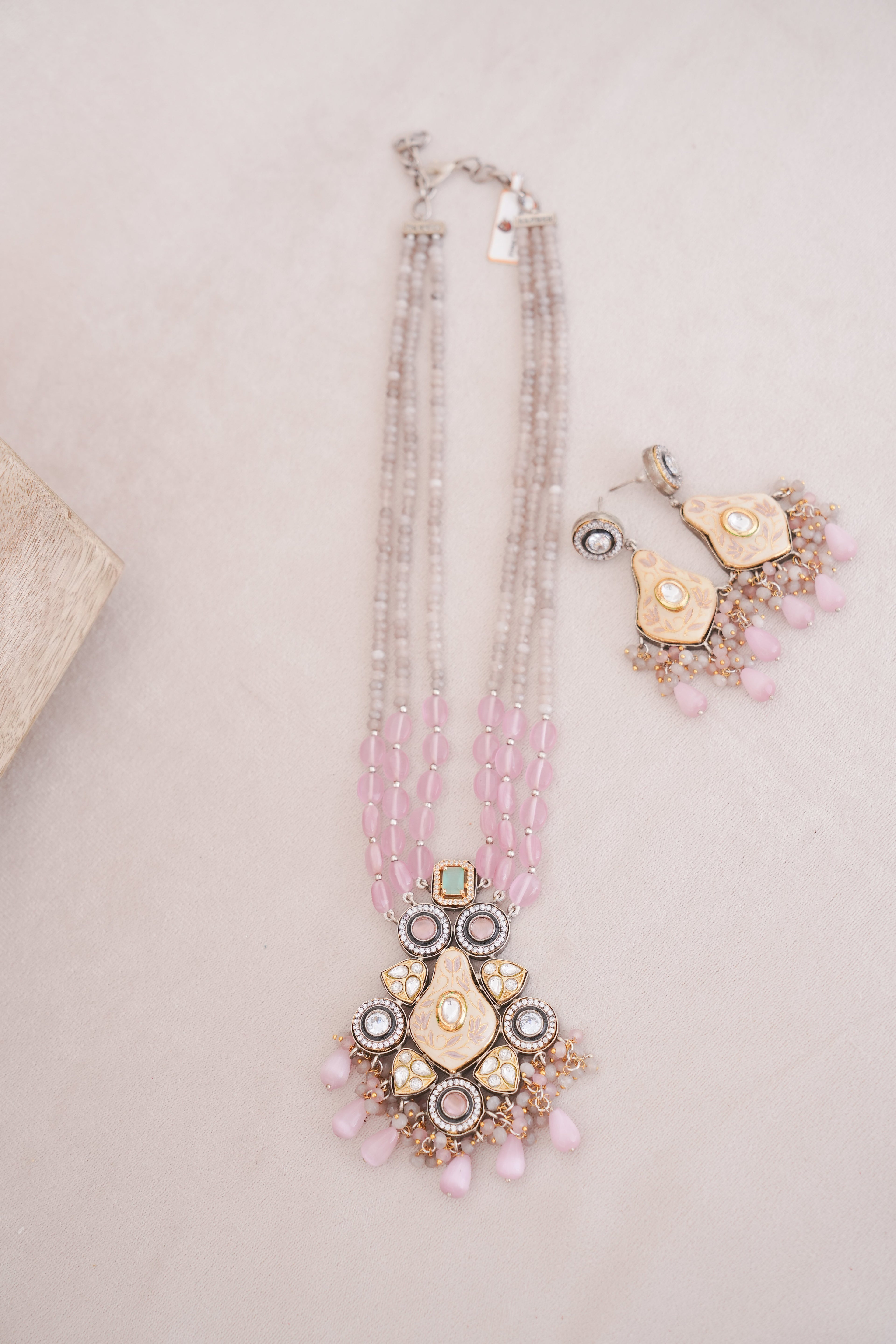 Regalia Multi Strand Pink Bead Meenakari Pendant Necklace Set