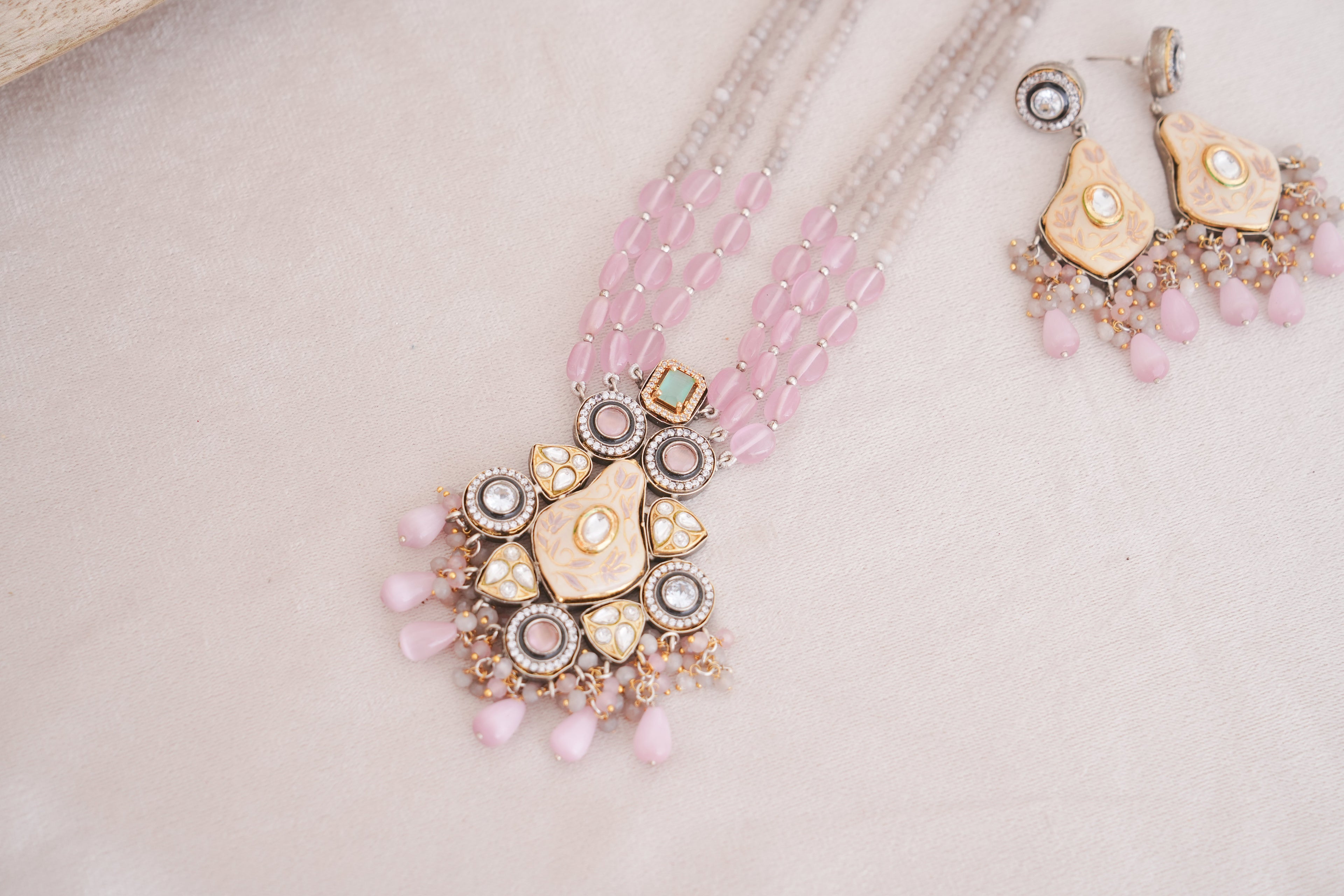 Regalia Multi Strand Pink Bead Meenakari Pendant Necklace Set