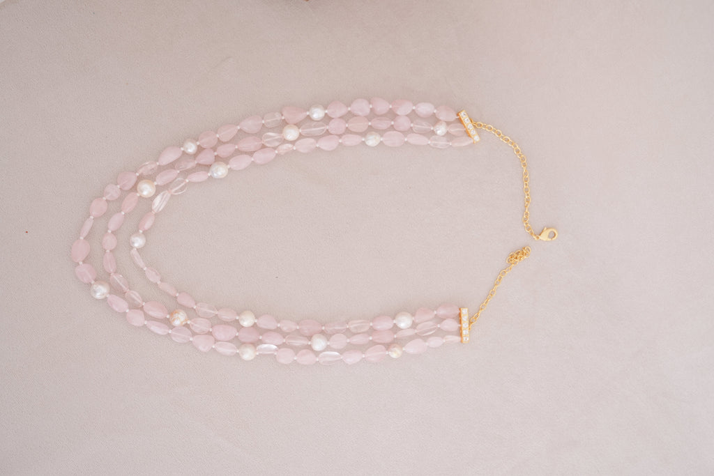 Elegant Pink Rose Quartz Layered Pearl Necklace