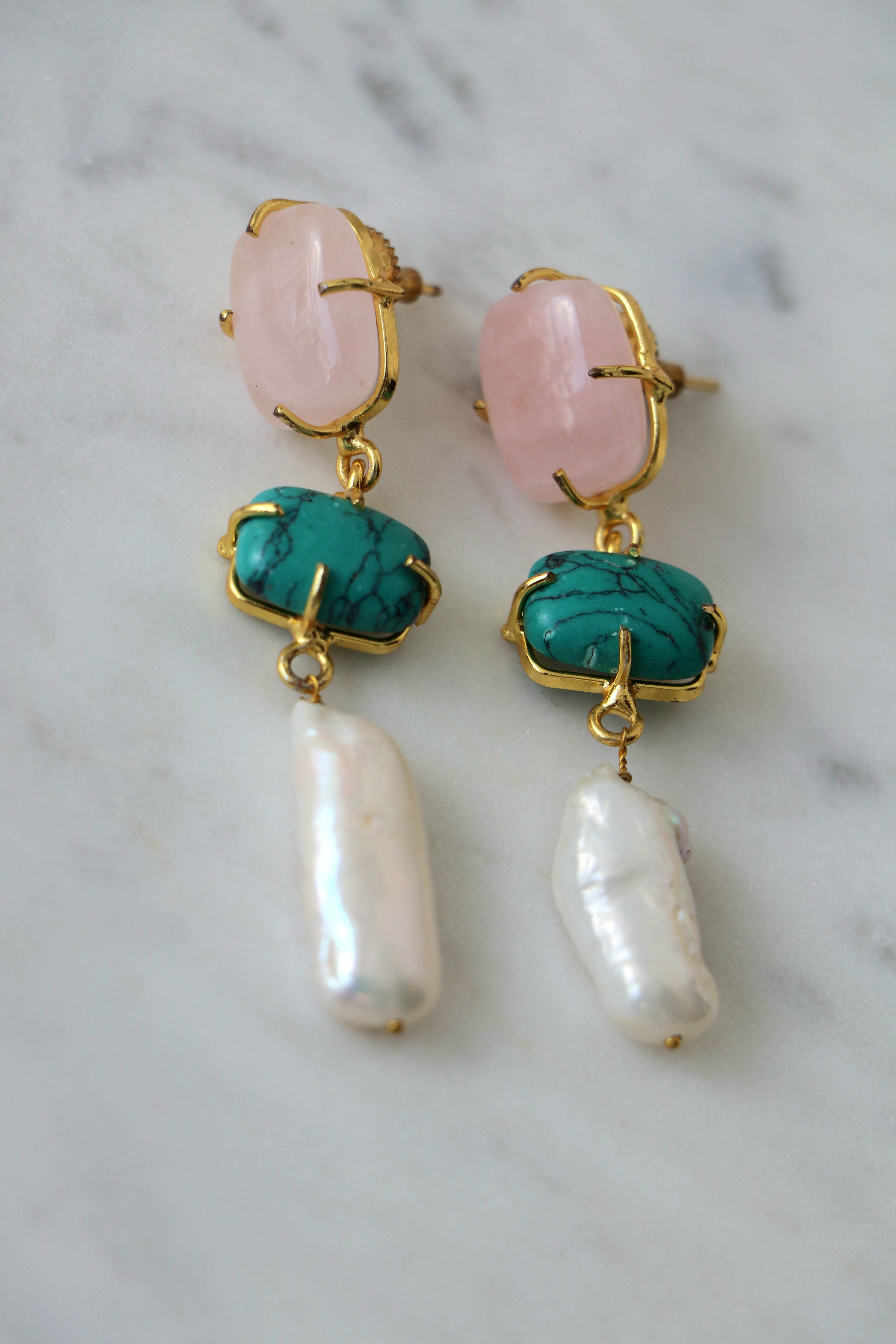 Pink Turquoise Pearl Cascade Earrings