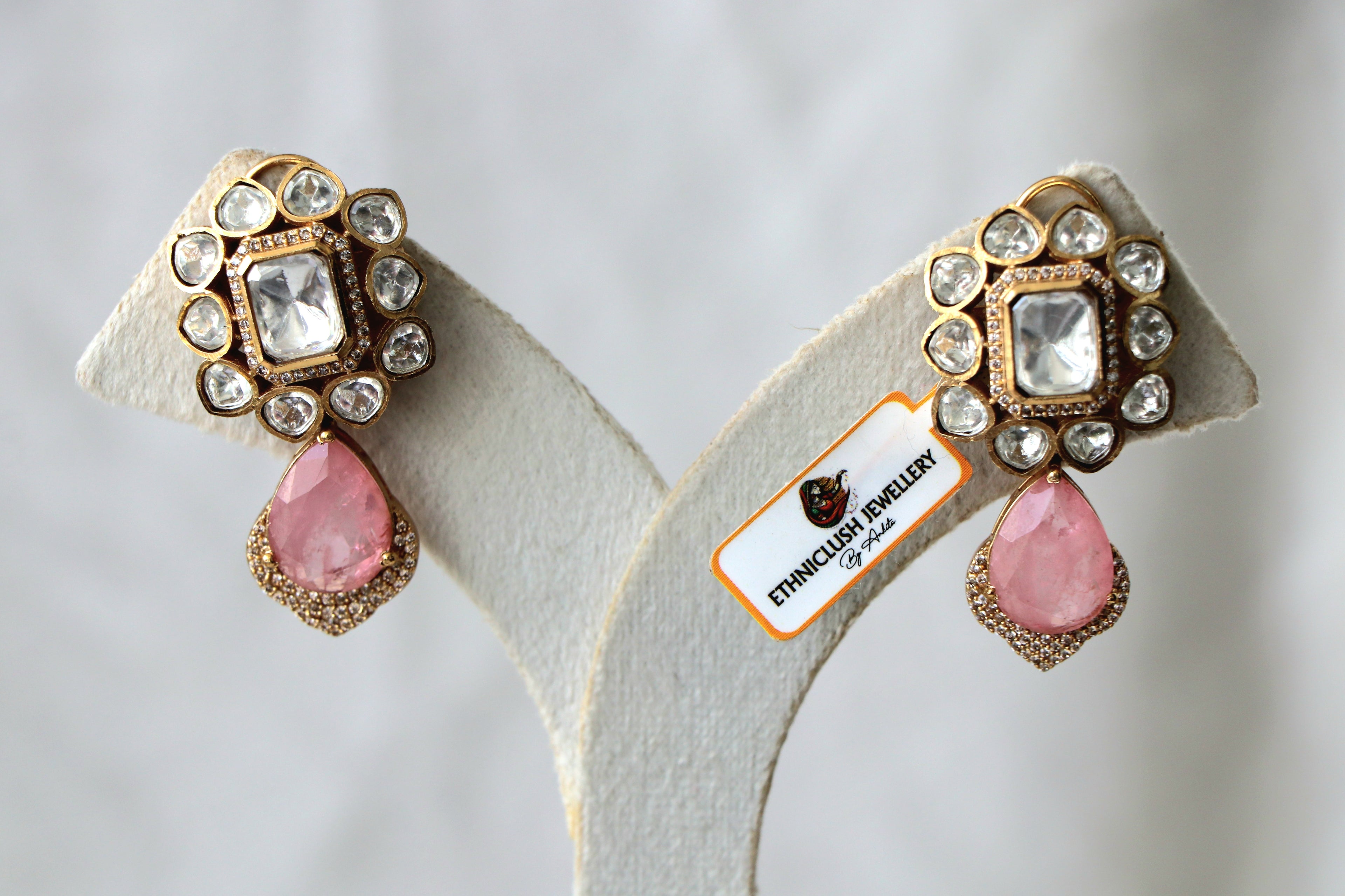 Radiant Pink Teardrop Kundan Earrings