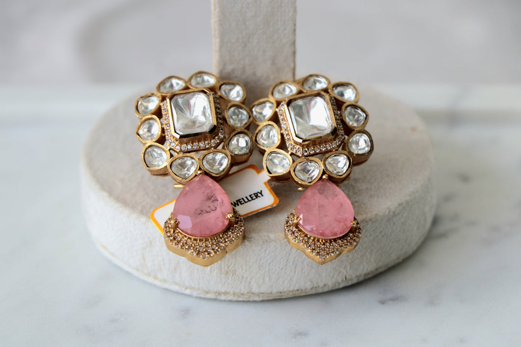 Radiant Pink Teardrop Kundan Earrings