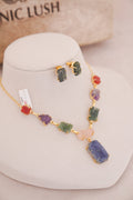 Rainbow Natural Multi Gemstone Statement Pendant Necklace Set